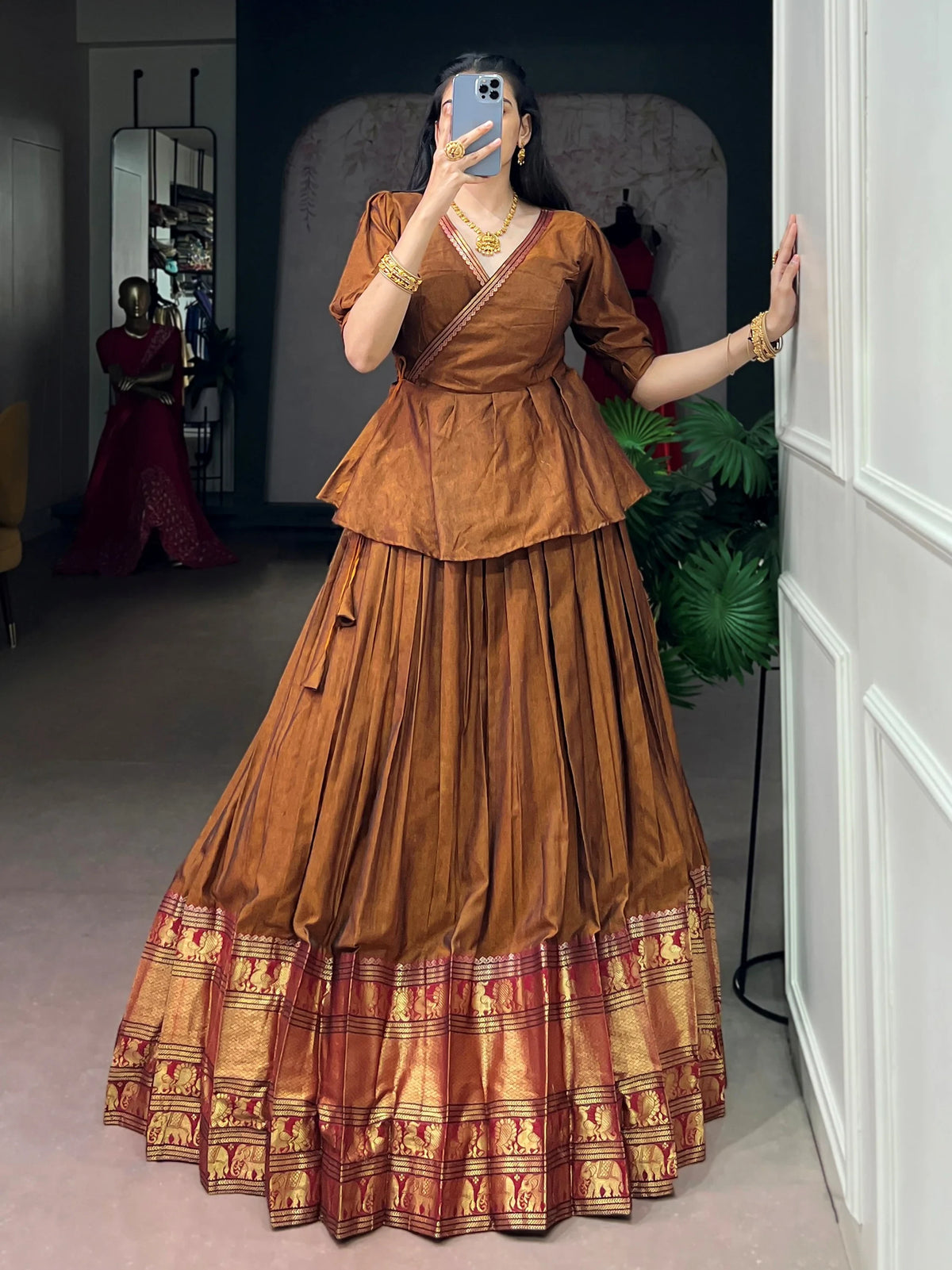 Beautiful Brown Zari Weaving Cotton Function Wear Crop Top Lehenga