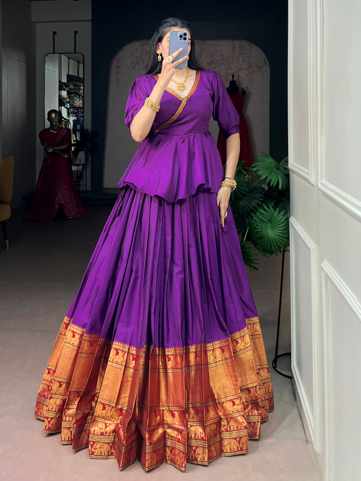 Lovable Purple Zari Weaving Cotton Festive Wear Crop Top Lehenga