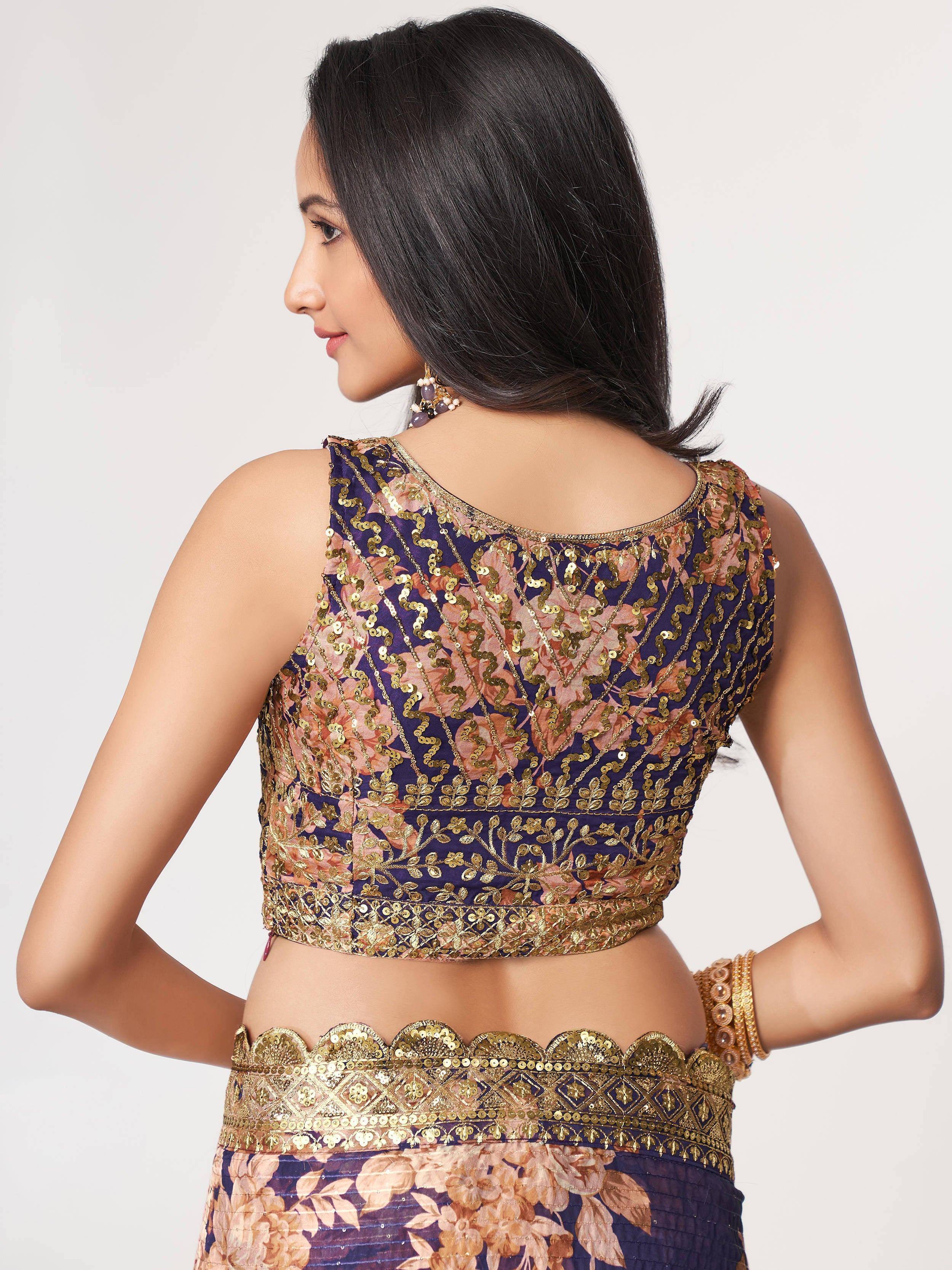 Purple and gold floral lehenga choli with sequin embroidery, back view