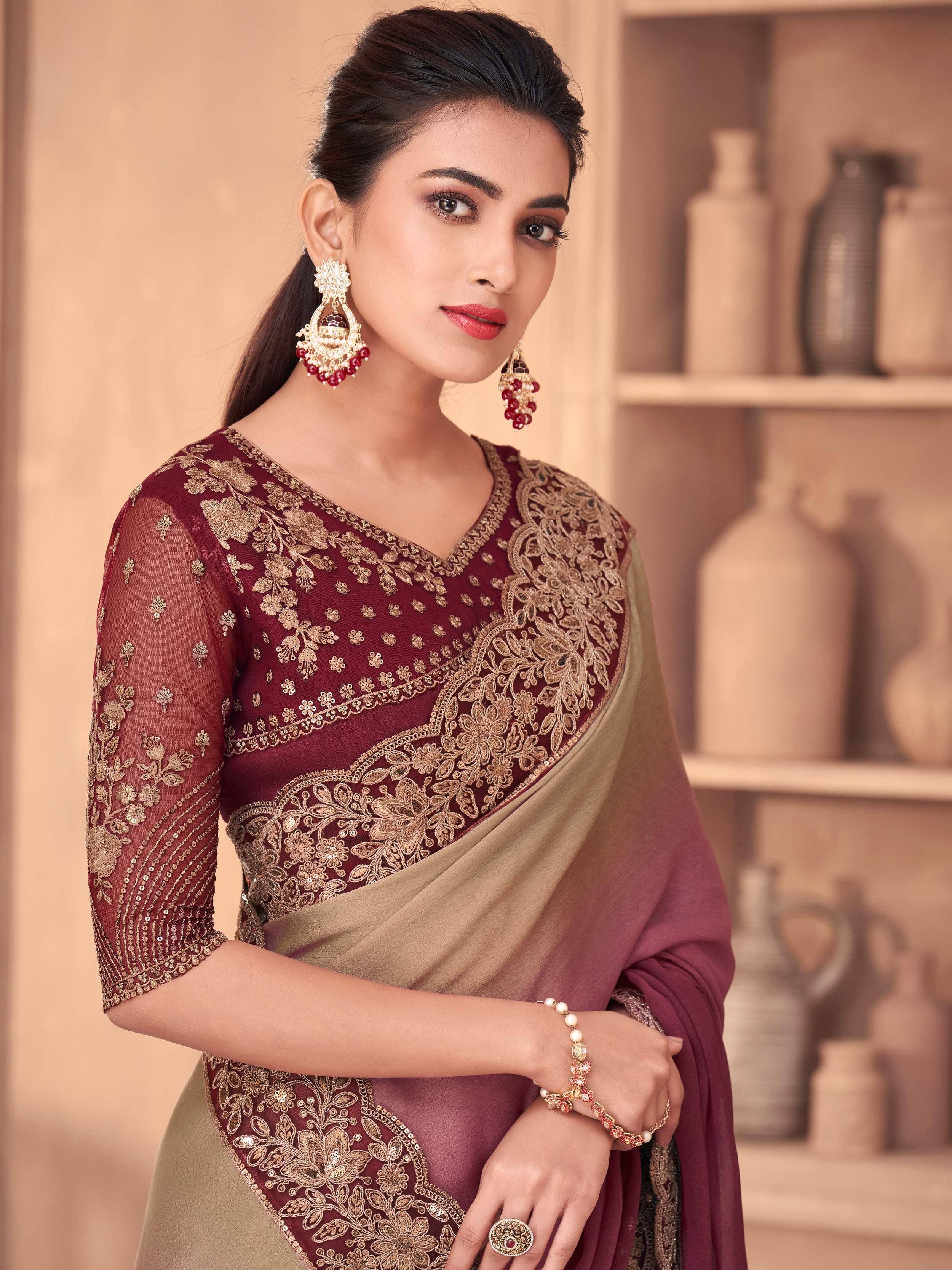 Charming Purple Embroidered Silk Wedding Wear Saree With Blouse