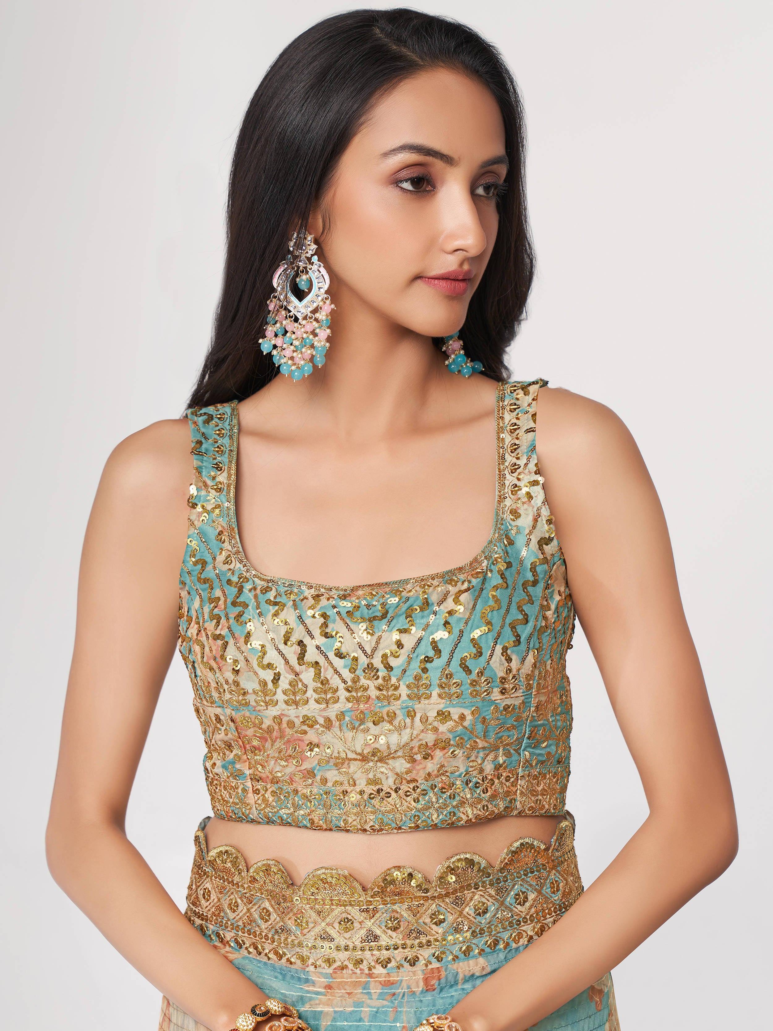 Endearing Sky Blue Floral Printed Organza Carnival Wear Saree