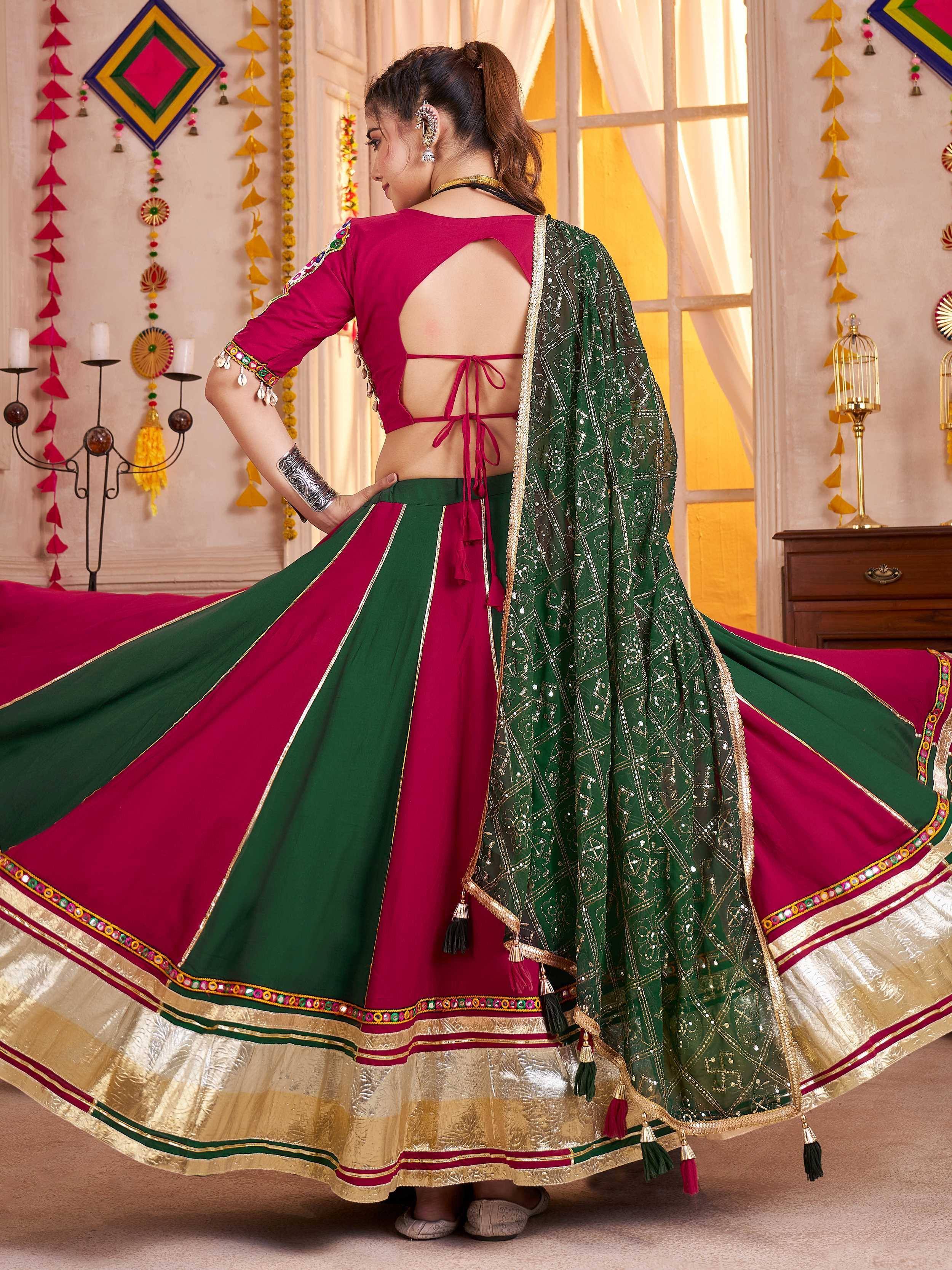 Elegant maroon and green lehenga choli with embroidered dupatta, perfect for Indian ethnic wear occasions.