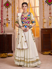 Gorgeous White Cotton Mirror Work Festive Wear Lehenga Choli