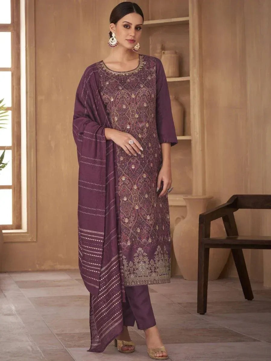 Purple embroidered salwar kameez with matching dupatta, ethnic Indian wear for women