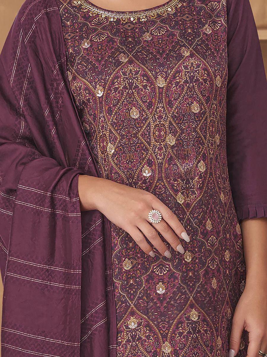Purple ethnic kurti with intricate gold and pink embroidery, paired with matching dupatta for traditional Indian wear