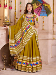 Wonderful Olive Green Lace Work Cotton Lehenga Choli With Dupatta