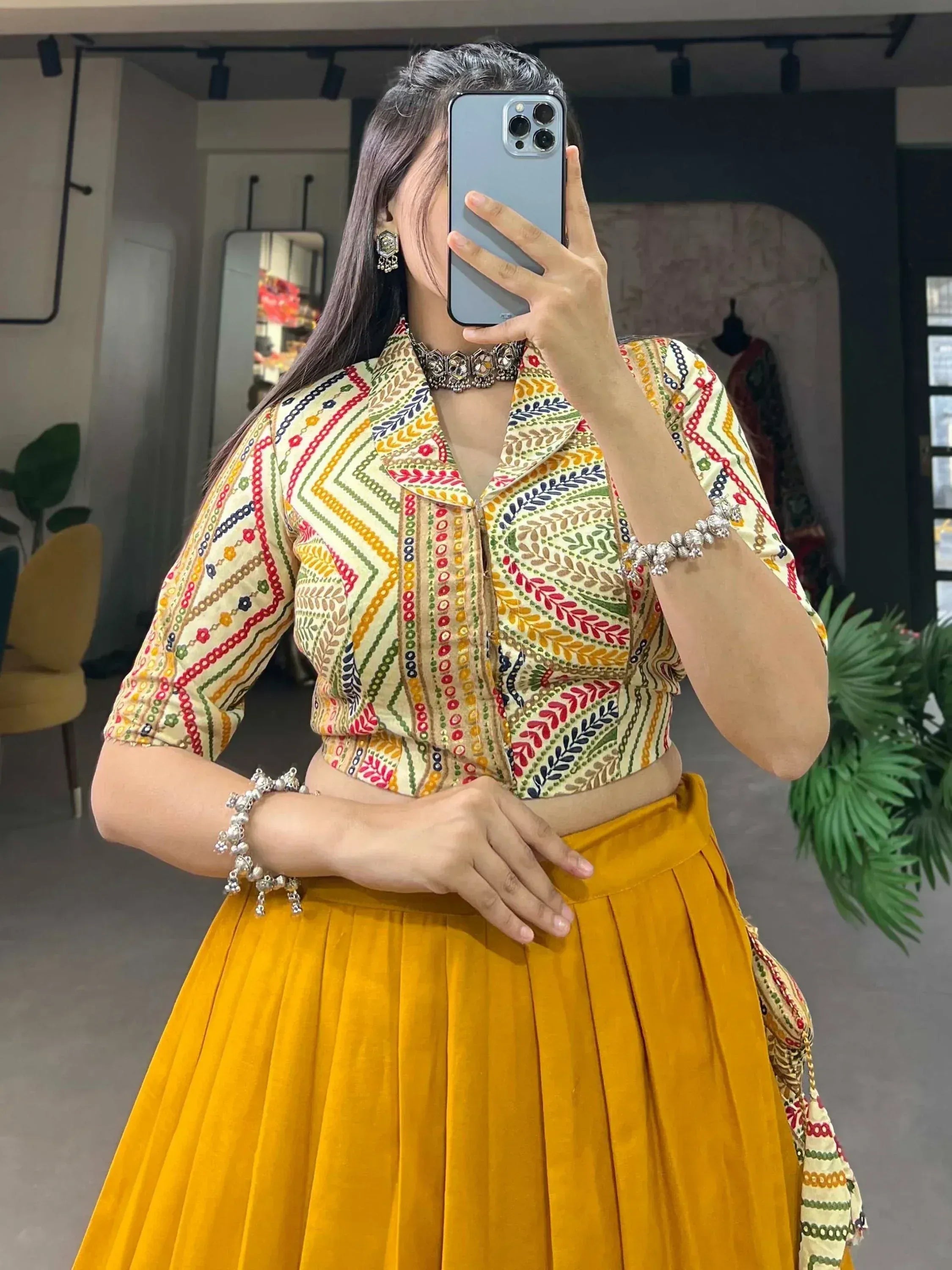 Colorful embroidered crop top with yellow pleated skirt, Indian ethnic wear
