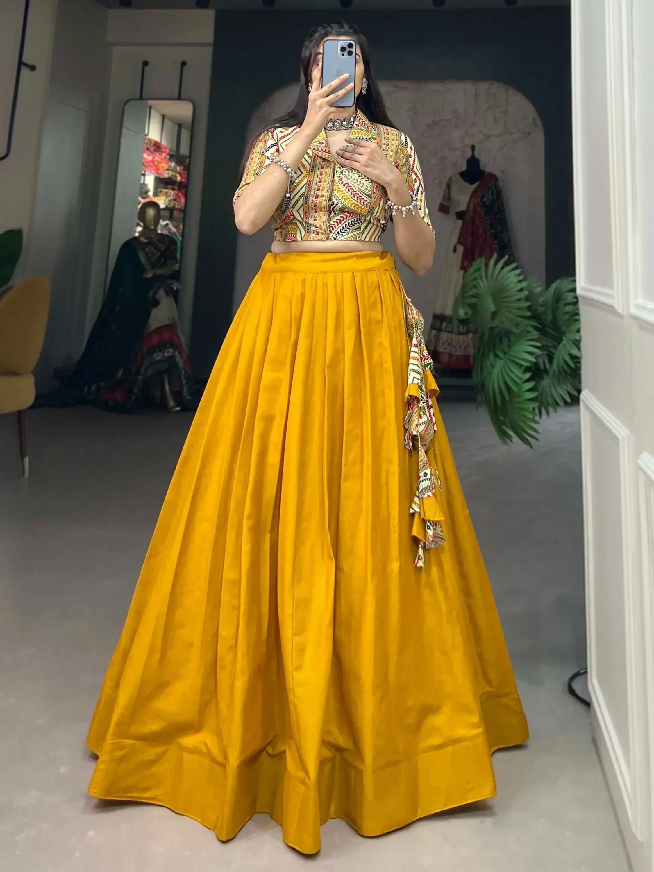 Yellow lehenga with printed crop top, ethnic Indian wear for women