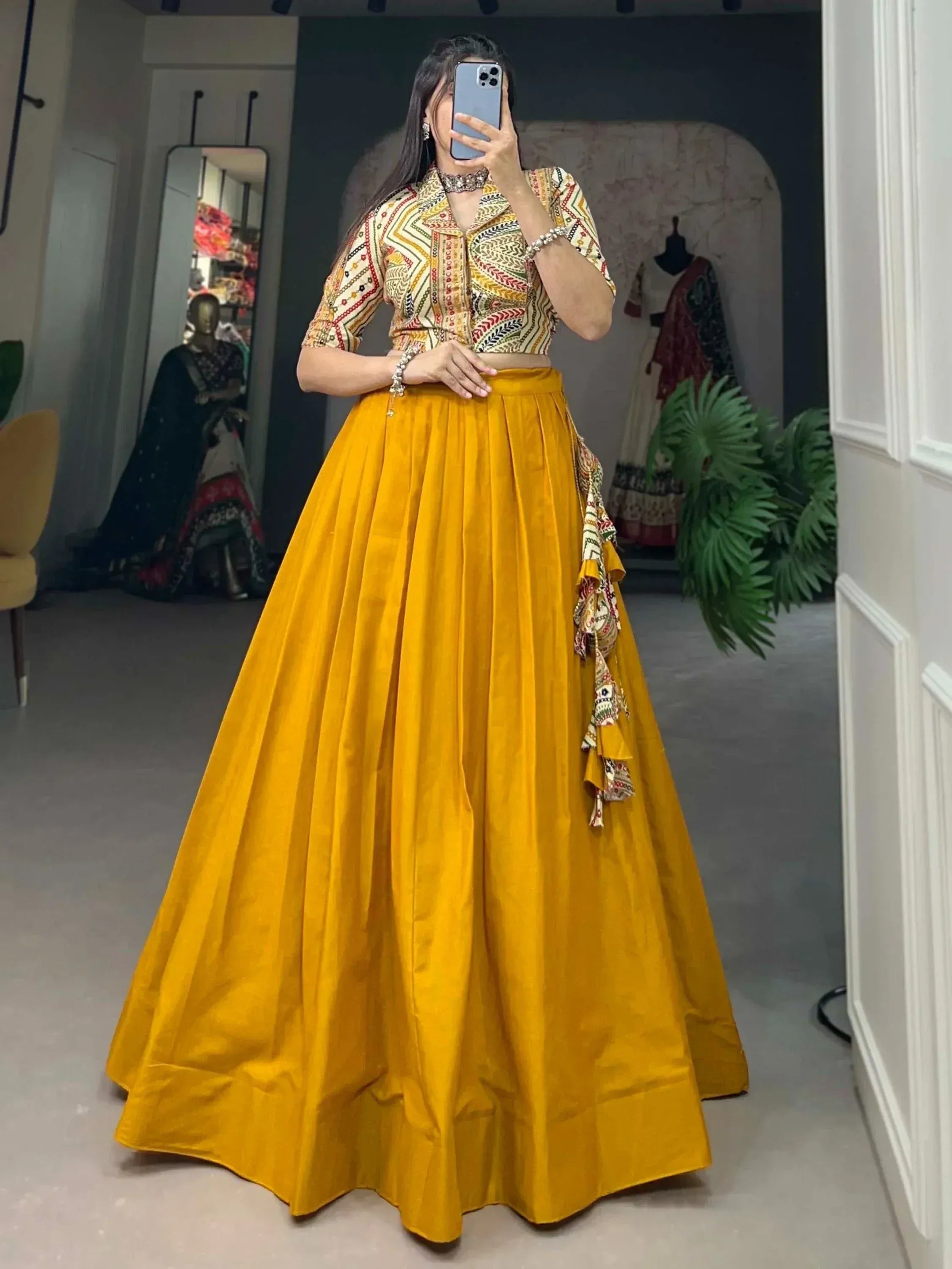 Yellow pleated lehenga with printed crop top, ethnic Indian wear for women