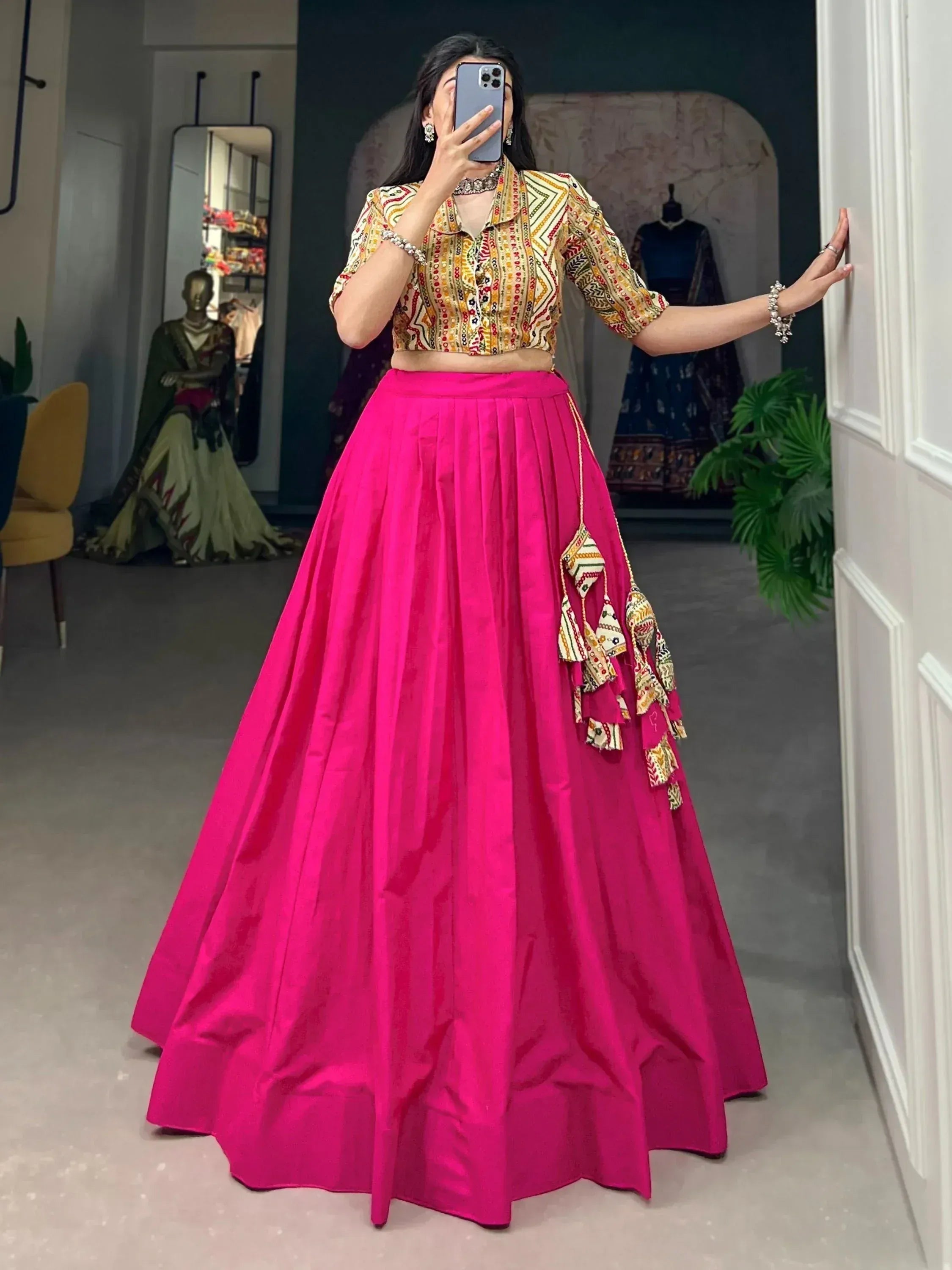 Fuchsia lehenga with printed crop top, ethnic Indian wear for women, designer party wear outfit