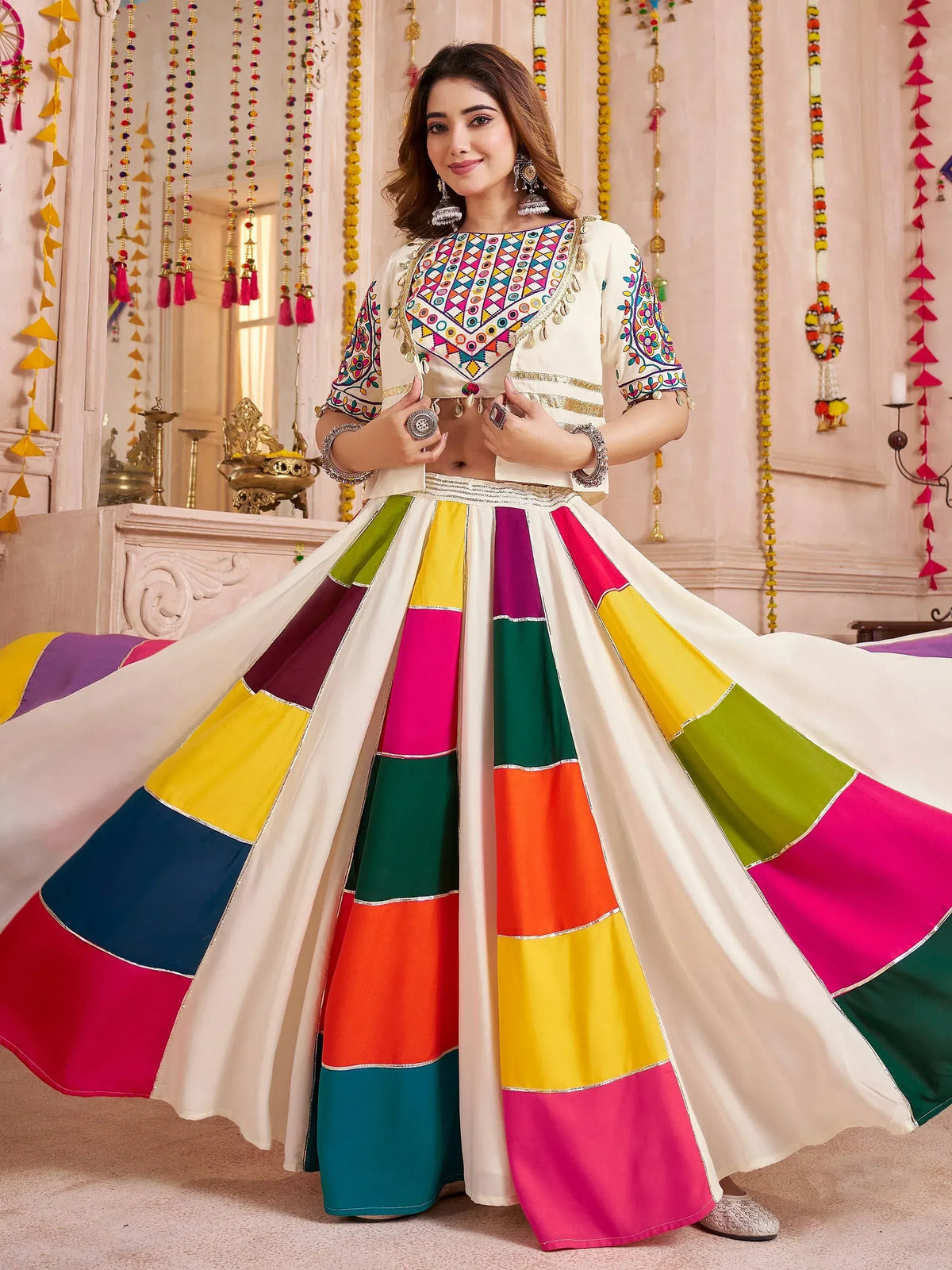 Colorful Indian ethnic lehenga choli with geometric embroidery and patchwork skirt for festive occasions