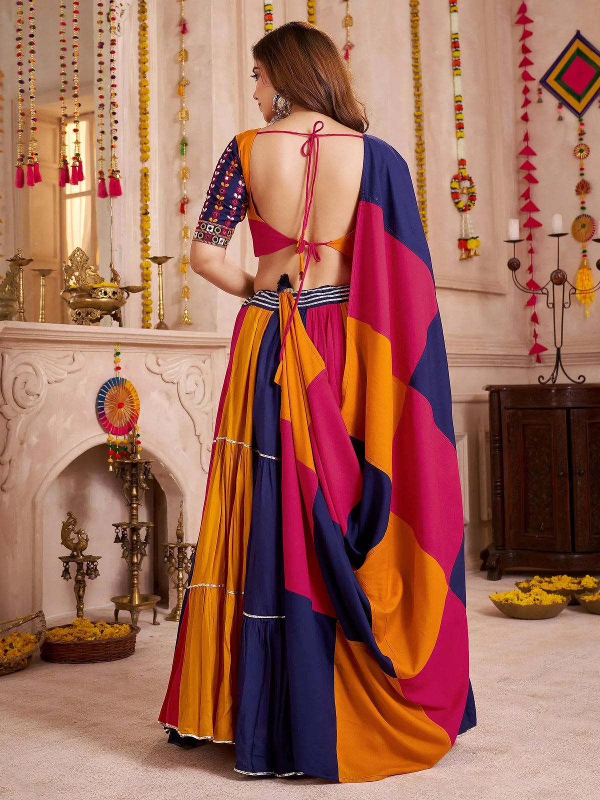 Vibrant multicolor lehenga choli with back tie blouse, perfect for Indian ethnic wear occasions