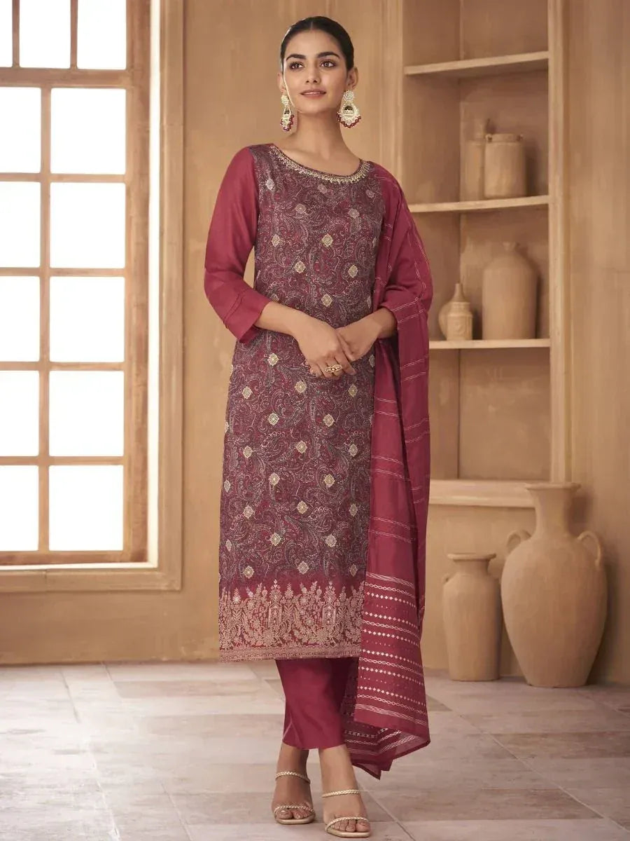 Maroon embroidered salwar kameez with dupatta, ethnic Indian wear for women
