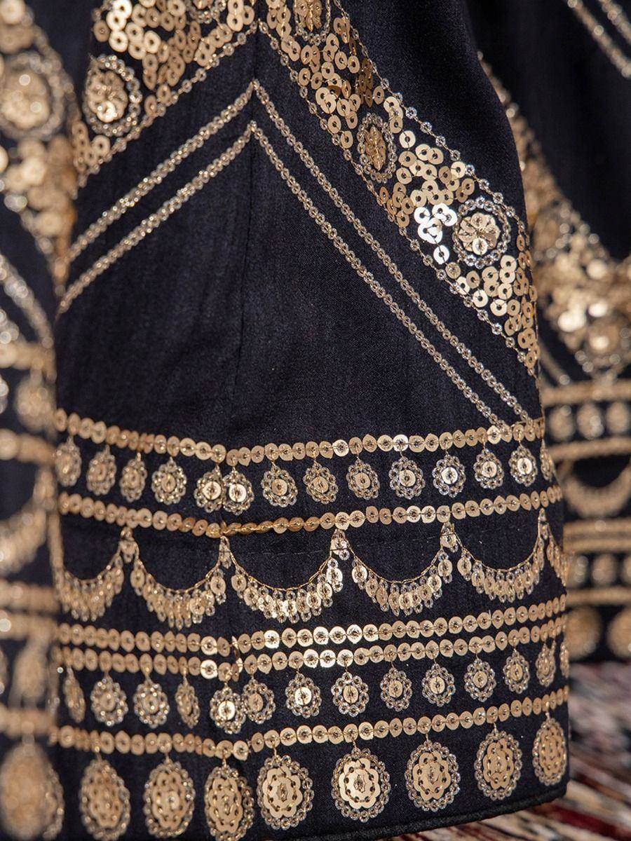 Black ethnic dress with gold sequin and chain embroidery, perfect for festive occasions.