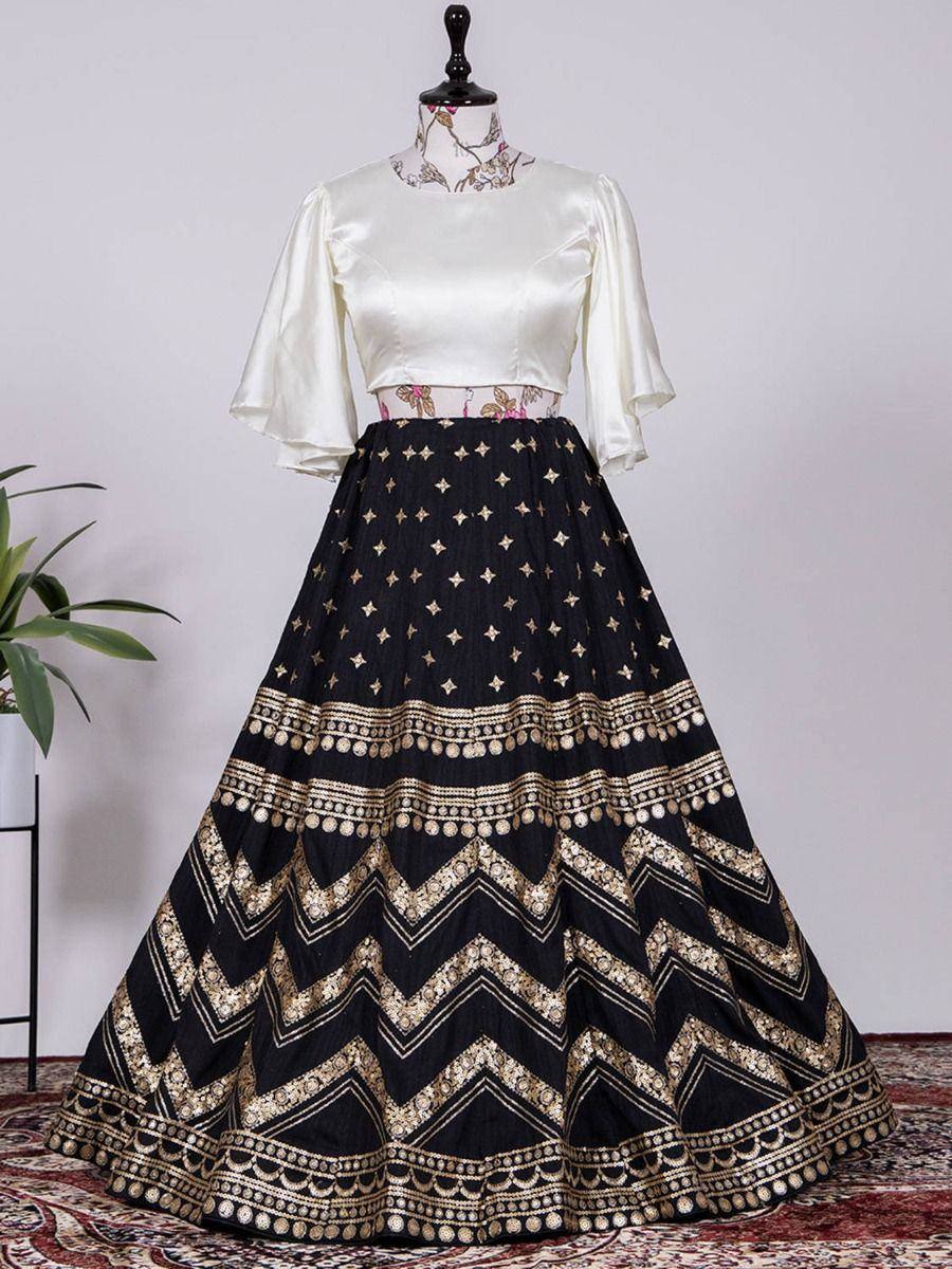 Black and gold embroidered lehenga with white blouse, ethnic Indian wear for festive occasions