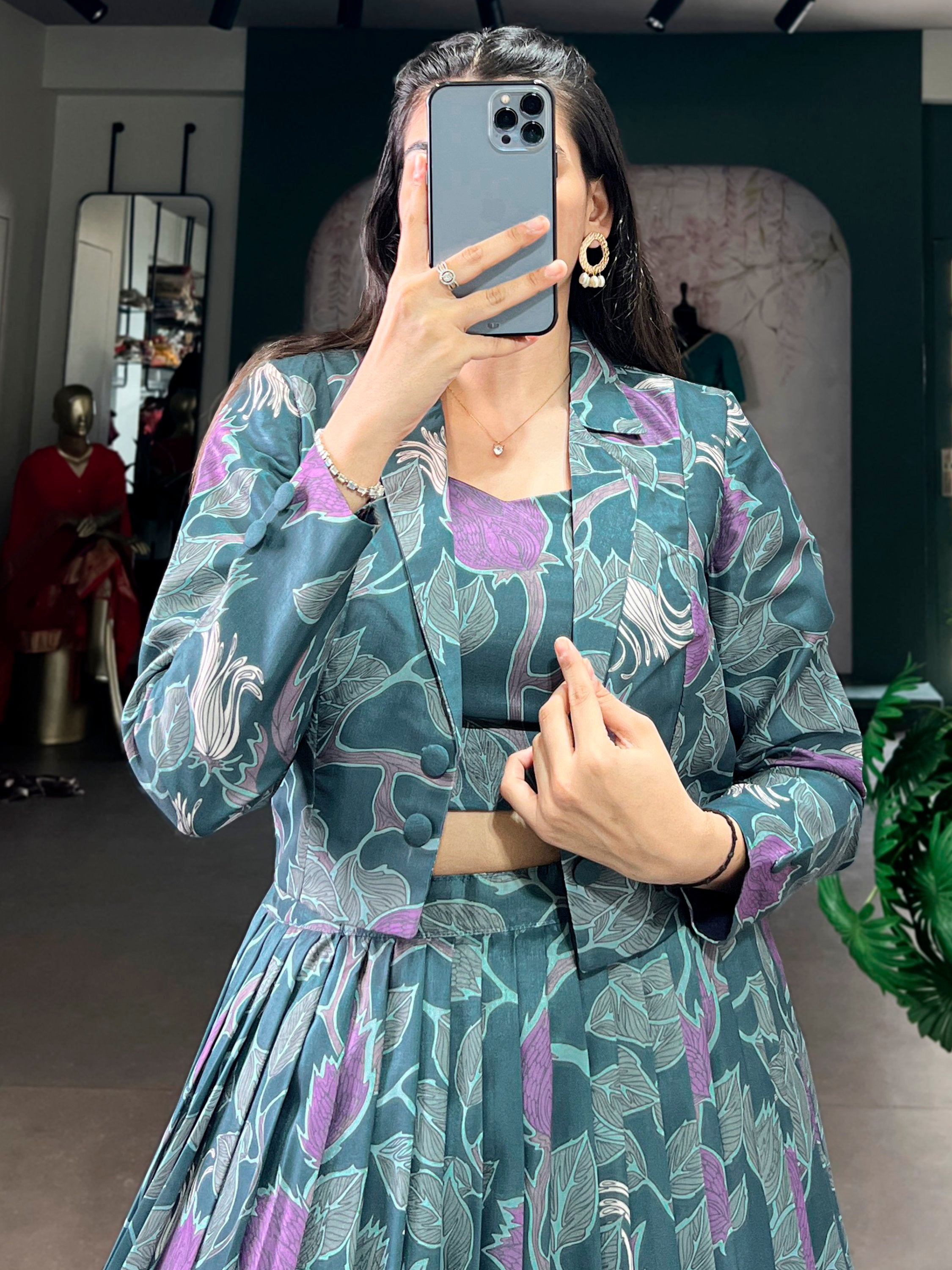 Stylish Teal Green Printed Silk Party Wear Crop Top Lehenga With Jacket