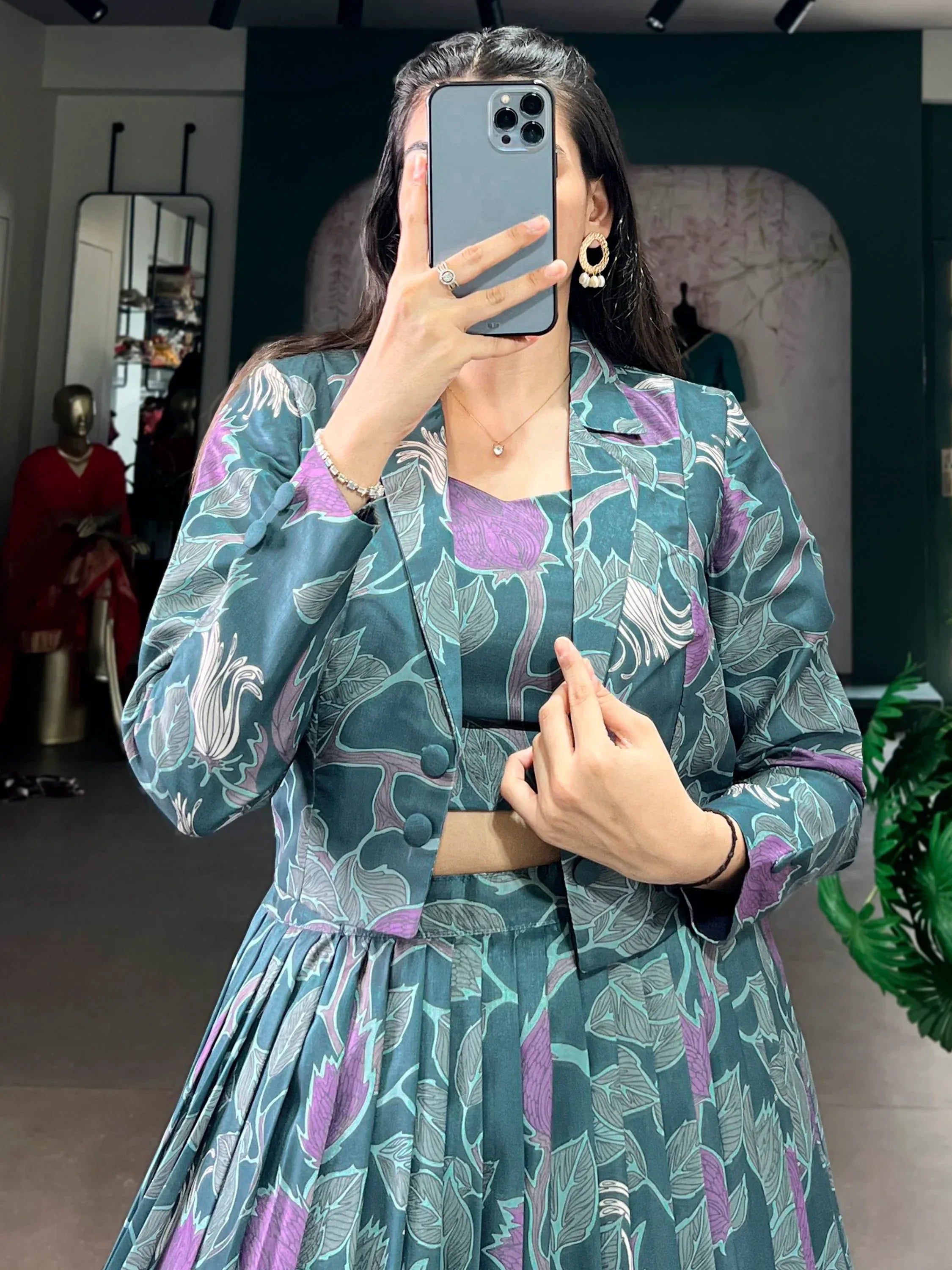Stylish Teal Green Printed Silk Party Wear Crop Top Lehenga With Jacket