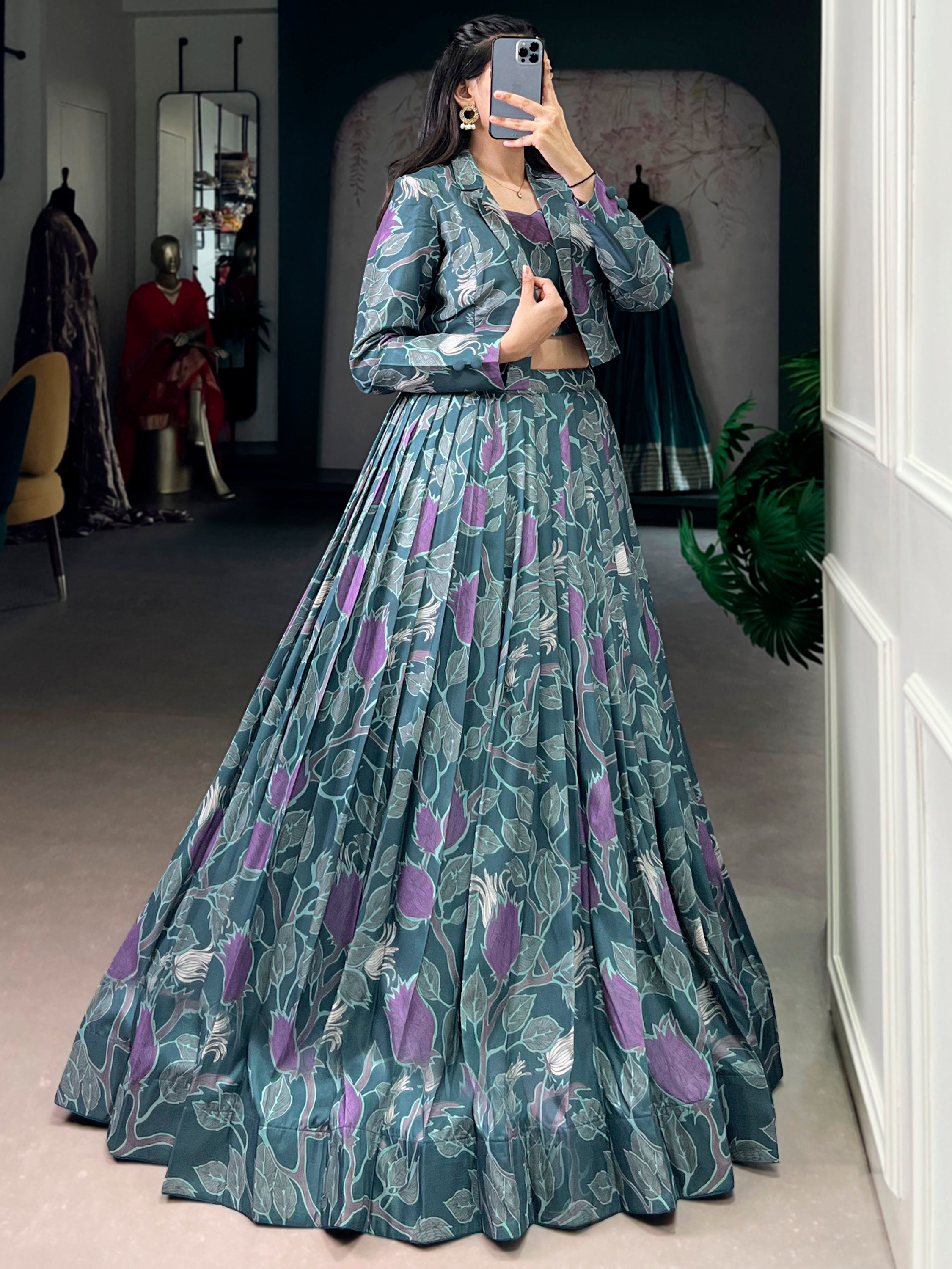 Stylish Teal Green Printed Silk Party Wear Crop Top Lehenga With Jacket