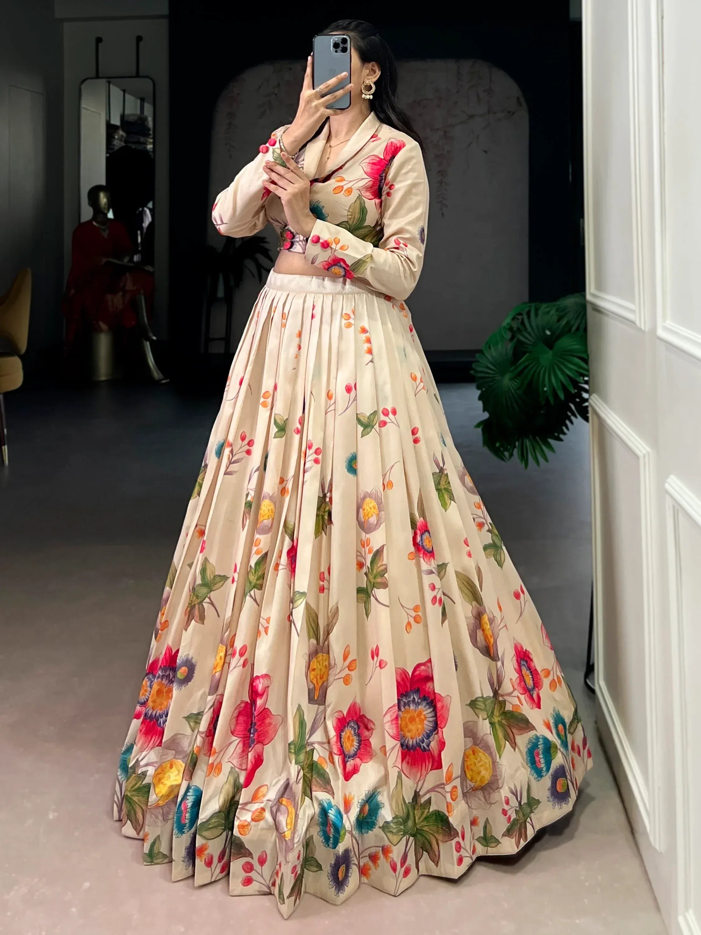 Lovely Beige Floral Printed Tussar Silk Party Wear Crop Top Lehenga