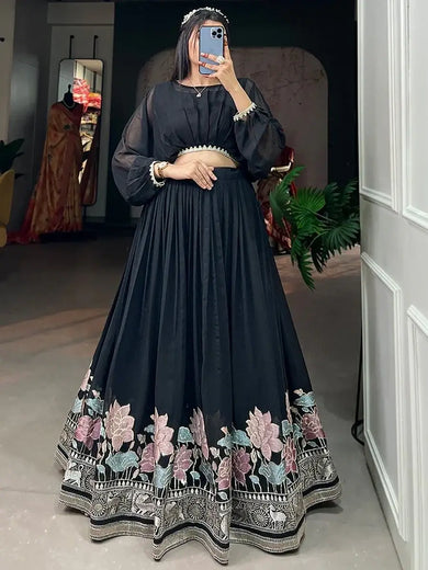 Wonderful Black Embroidered Georgette Party Wear Crop Top Lehenga