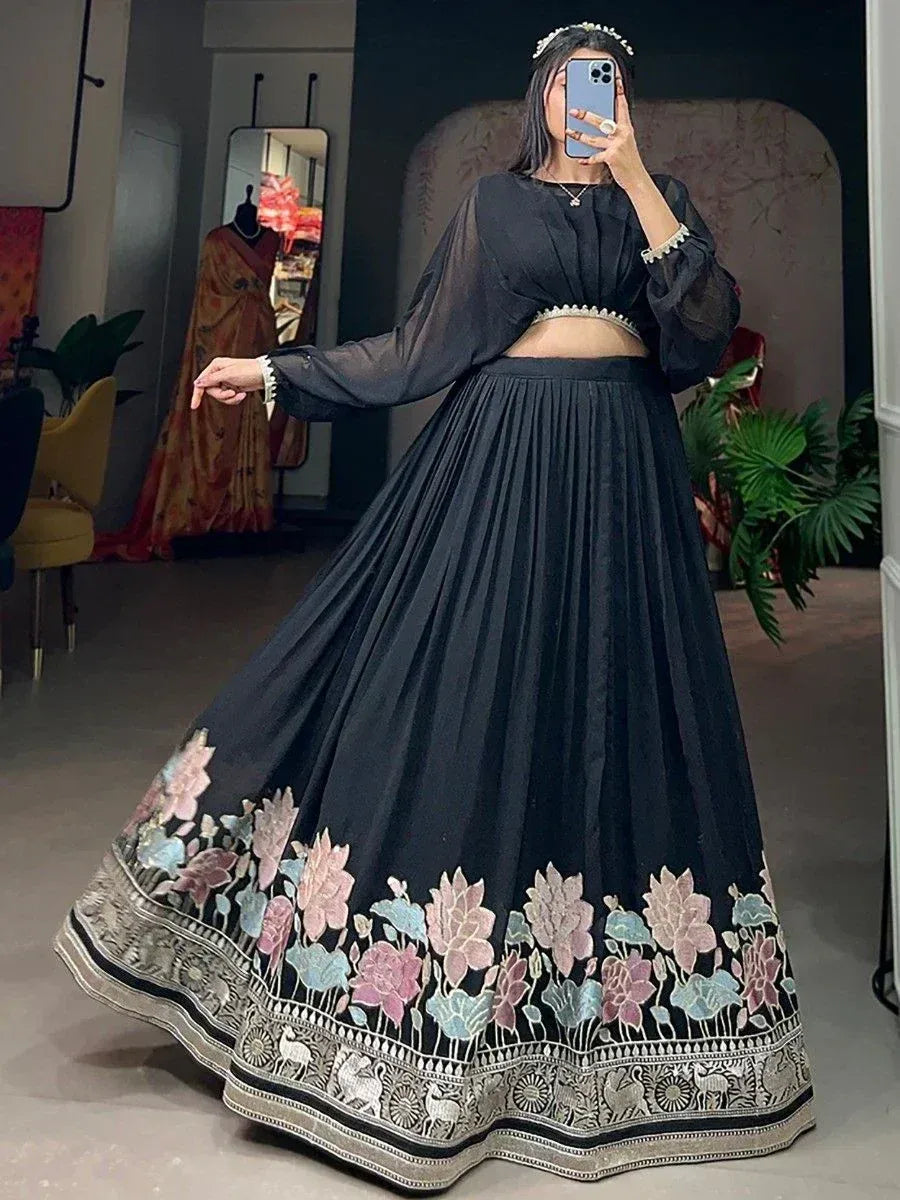 Black lehenga choli with floral embroidery, ethnic Indian wear for women