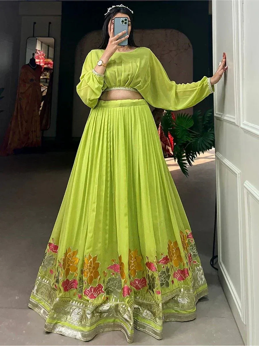 Lime green lehenga choli with floral embroidery, perfect for Indian ethnic wear and festive occasions.