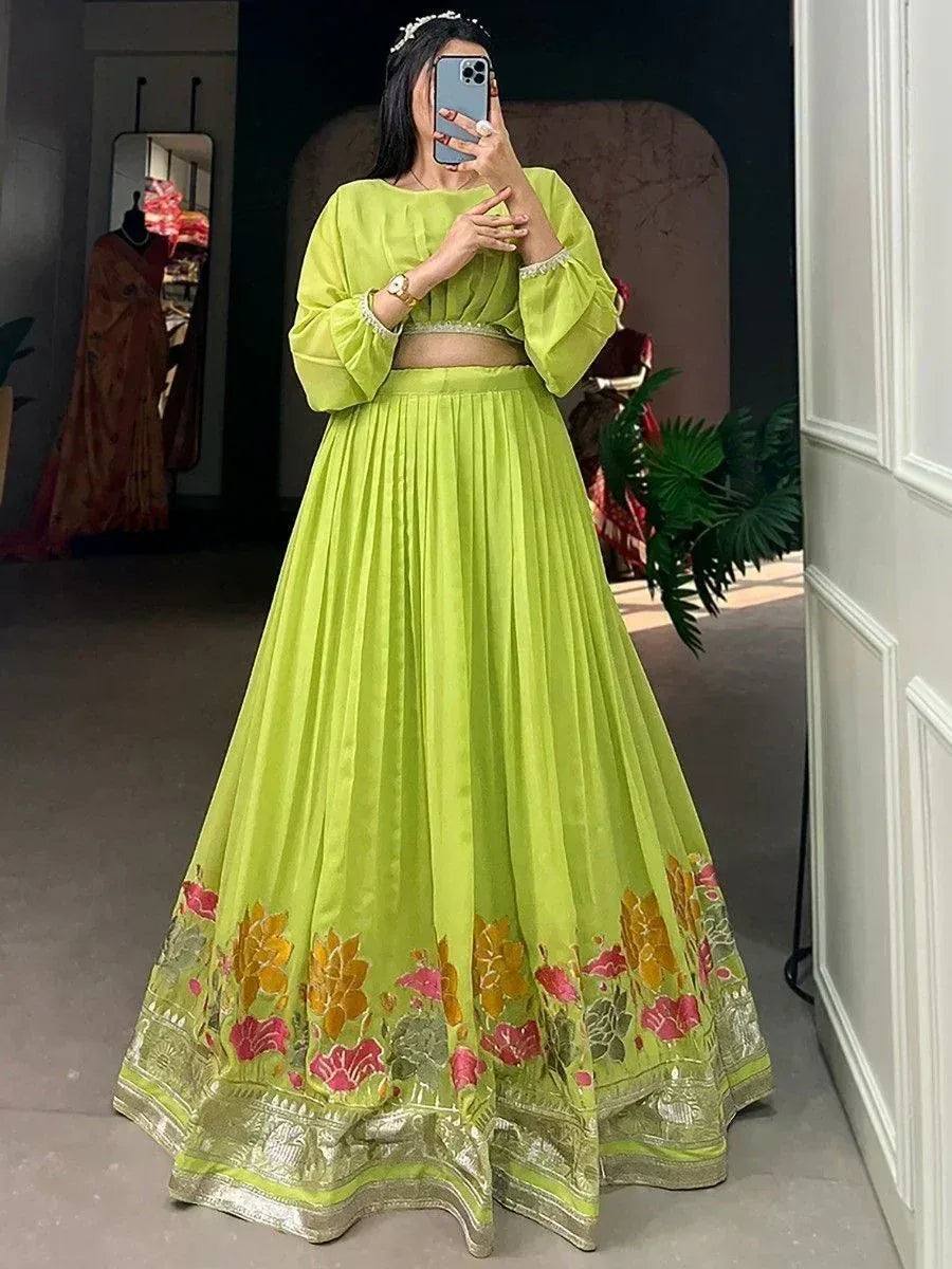 Lime green lehenga choli with floral embroidery, perfect for Indian ethnic wear occasions