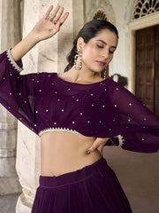 Attractive Wine Embroidered Georgette Designer Crop Top Lehenga