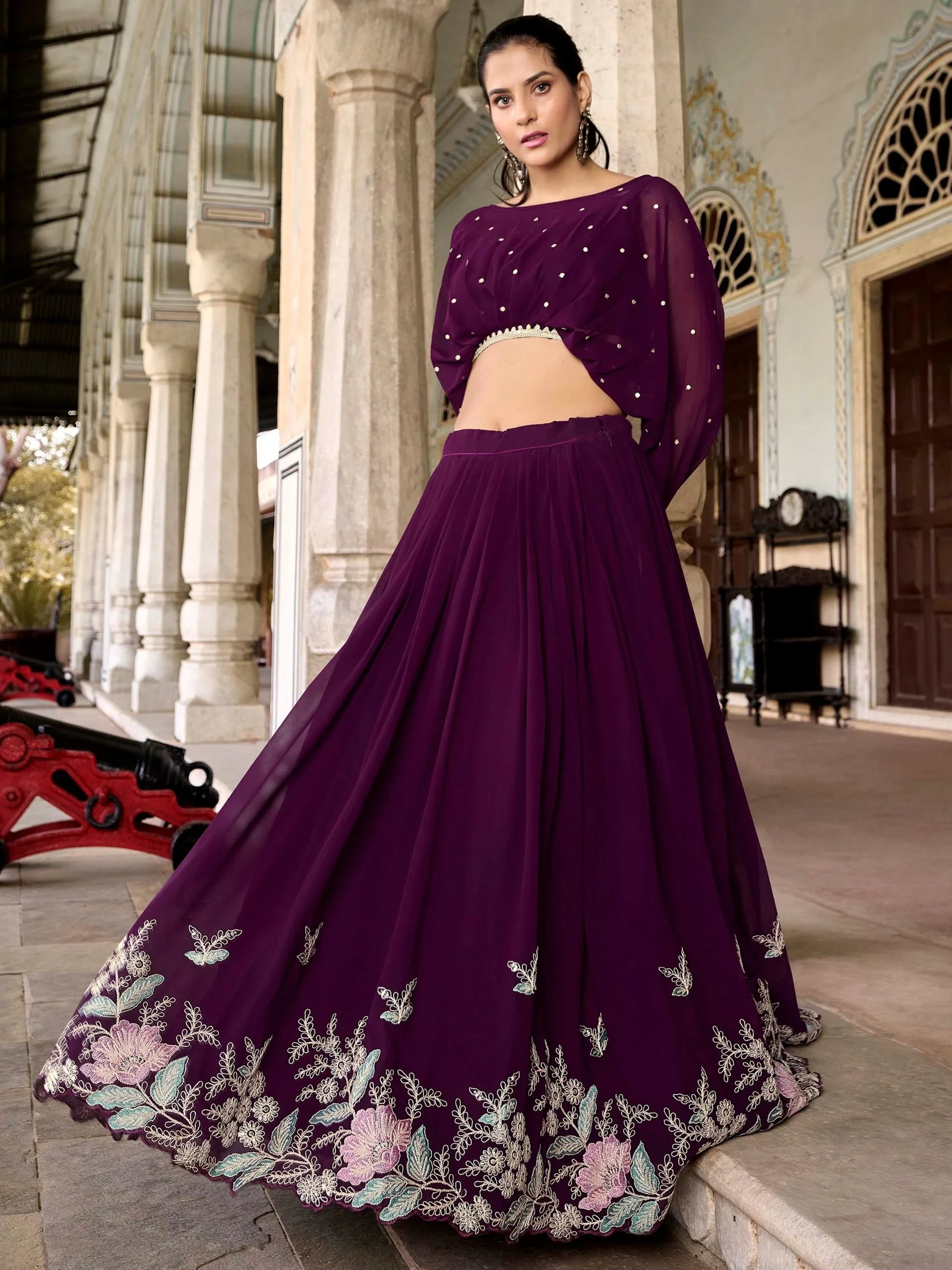 Attractive Wine Embroidered Georgette Designer Crop Top Lehenga