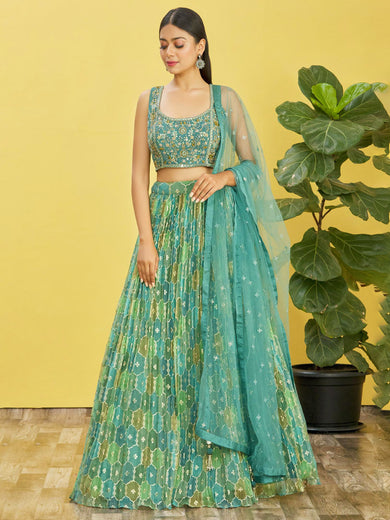 Rocking Green Mirror Work Organza Mehendi Wear Lehenga Choli