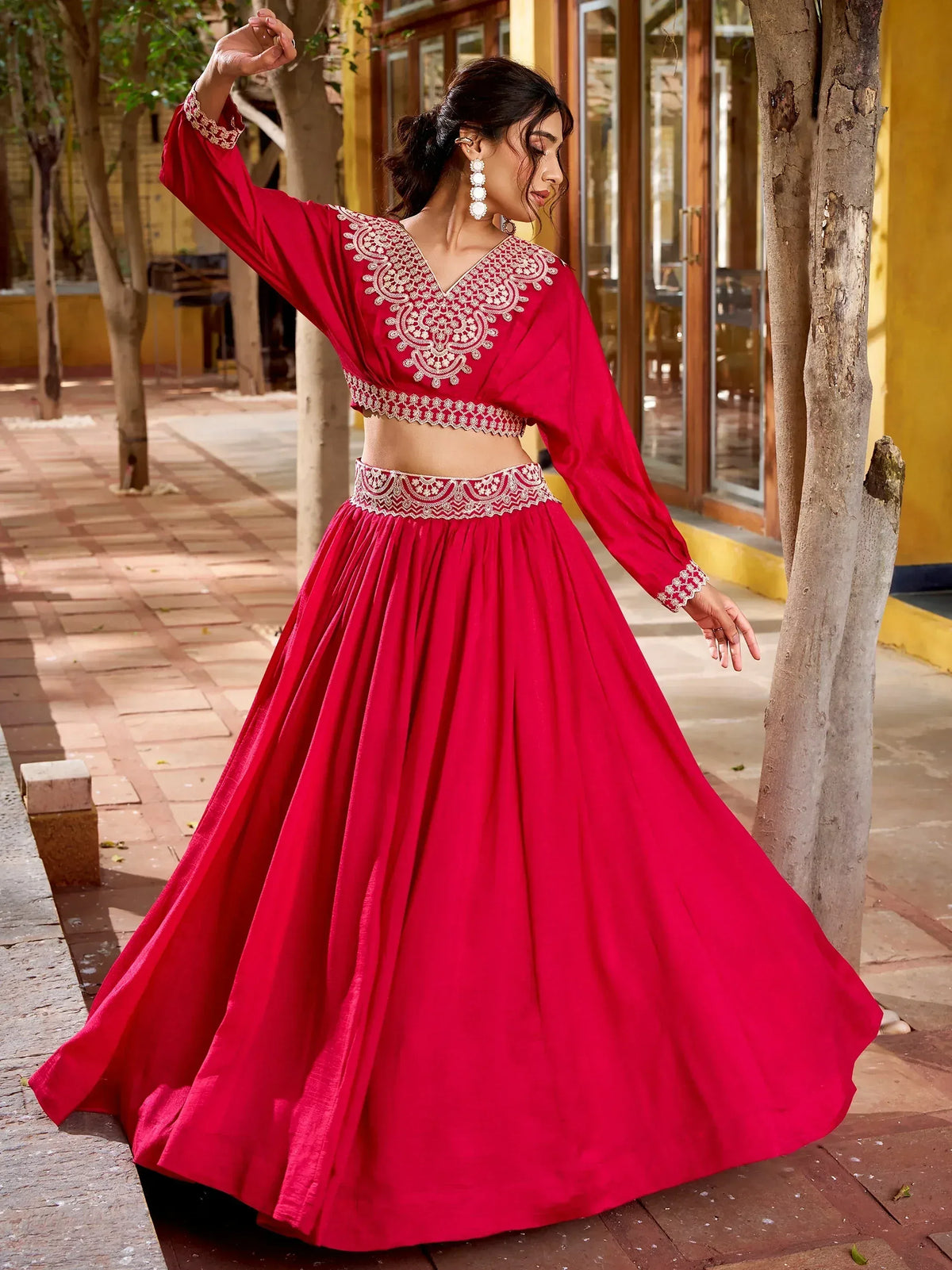 Red embroidered lehenga choli with gold detailing, perfect for Indian ethnic wear occasions
