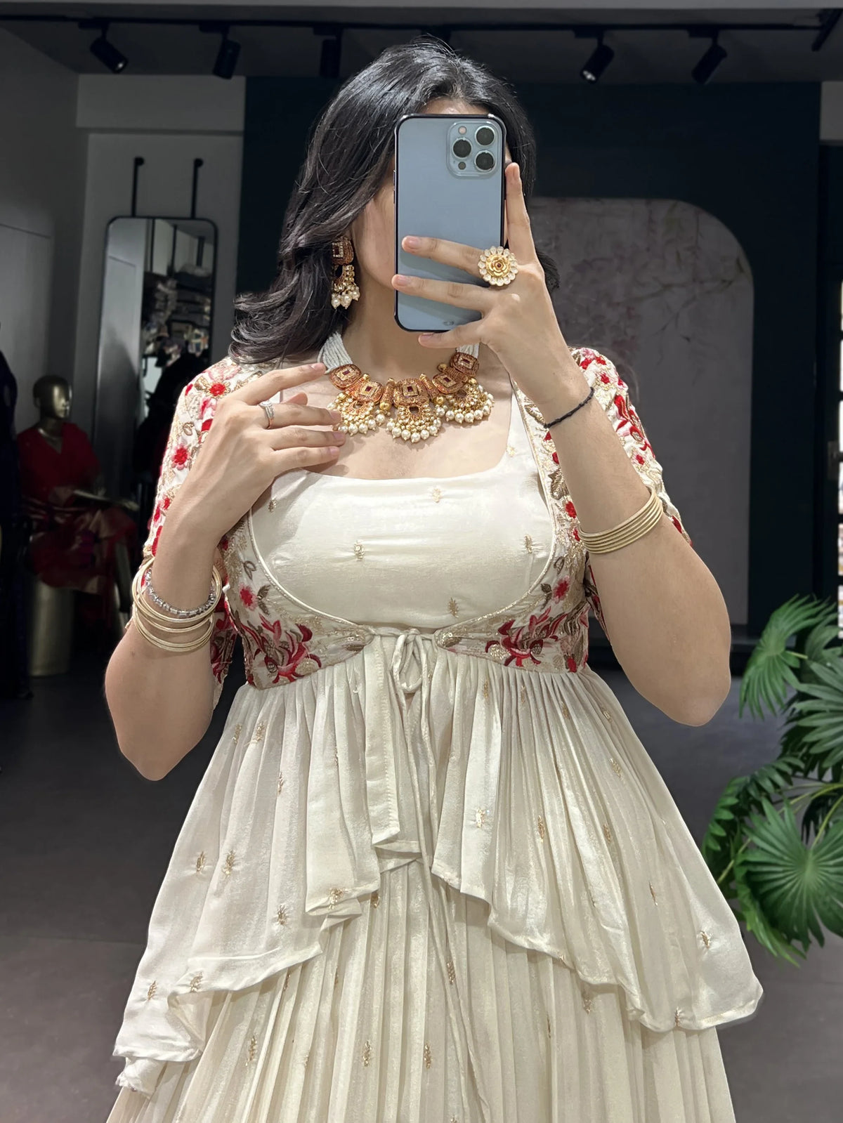 Graceful Off-White Silk Festive Wear Lehenga Choli With Peplum Koti