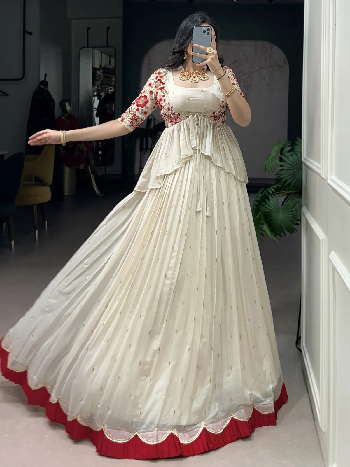 Graceful Off-White Silk Festive Wear Lehenga Choli With Peplum Koti
