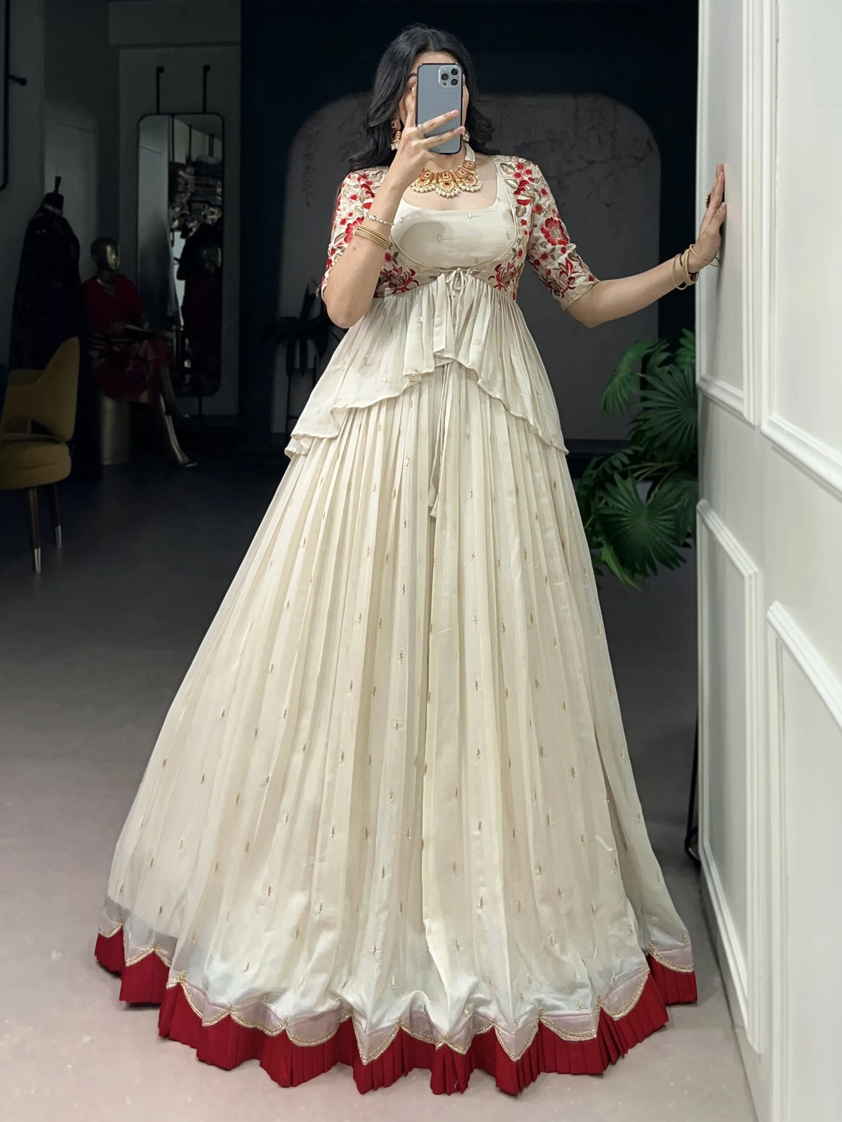 Graceful Off-White Silk Festive Wear Lehenga Choli With Peplum Koti