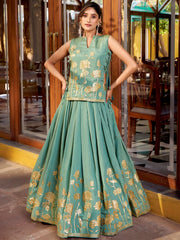 Great Green Thread Embroidered Shimmer Festival Wear Crop-Top Lehenga