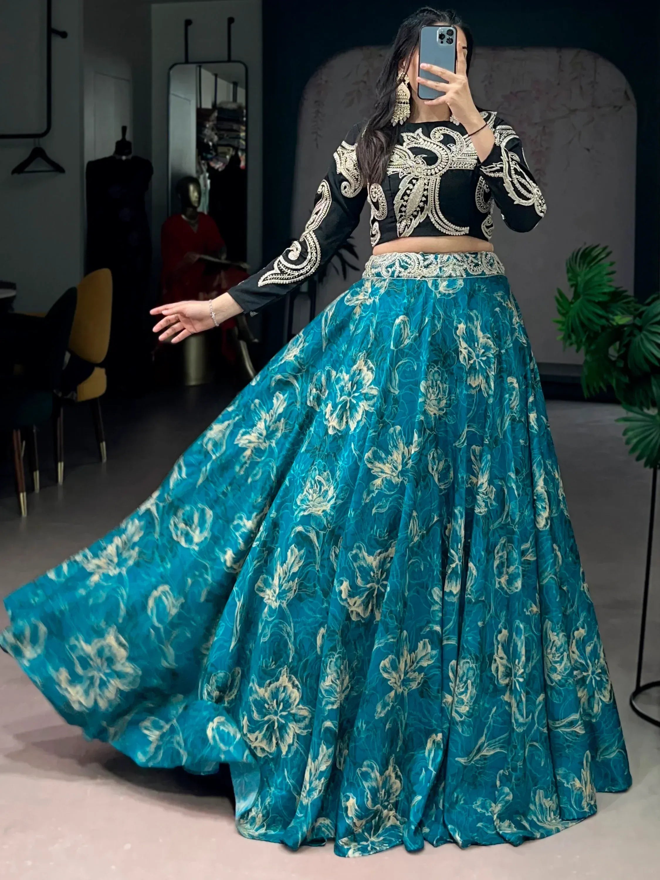 Beautiful Teal Blue Silk Sangeet Wear Embroidered Crop Top Lehenga