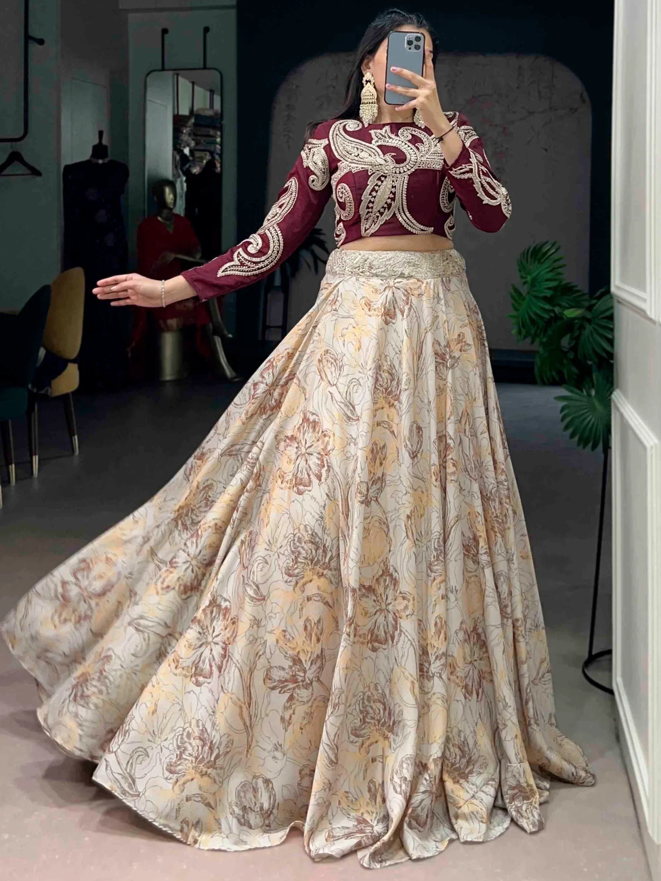 Enchanting Cream Floral Printed Silk Cocktail Wear Crop Top Lehenga