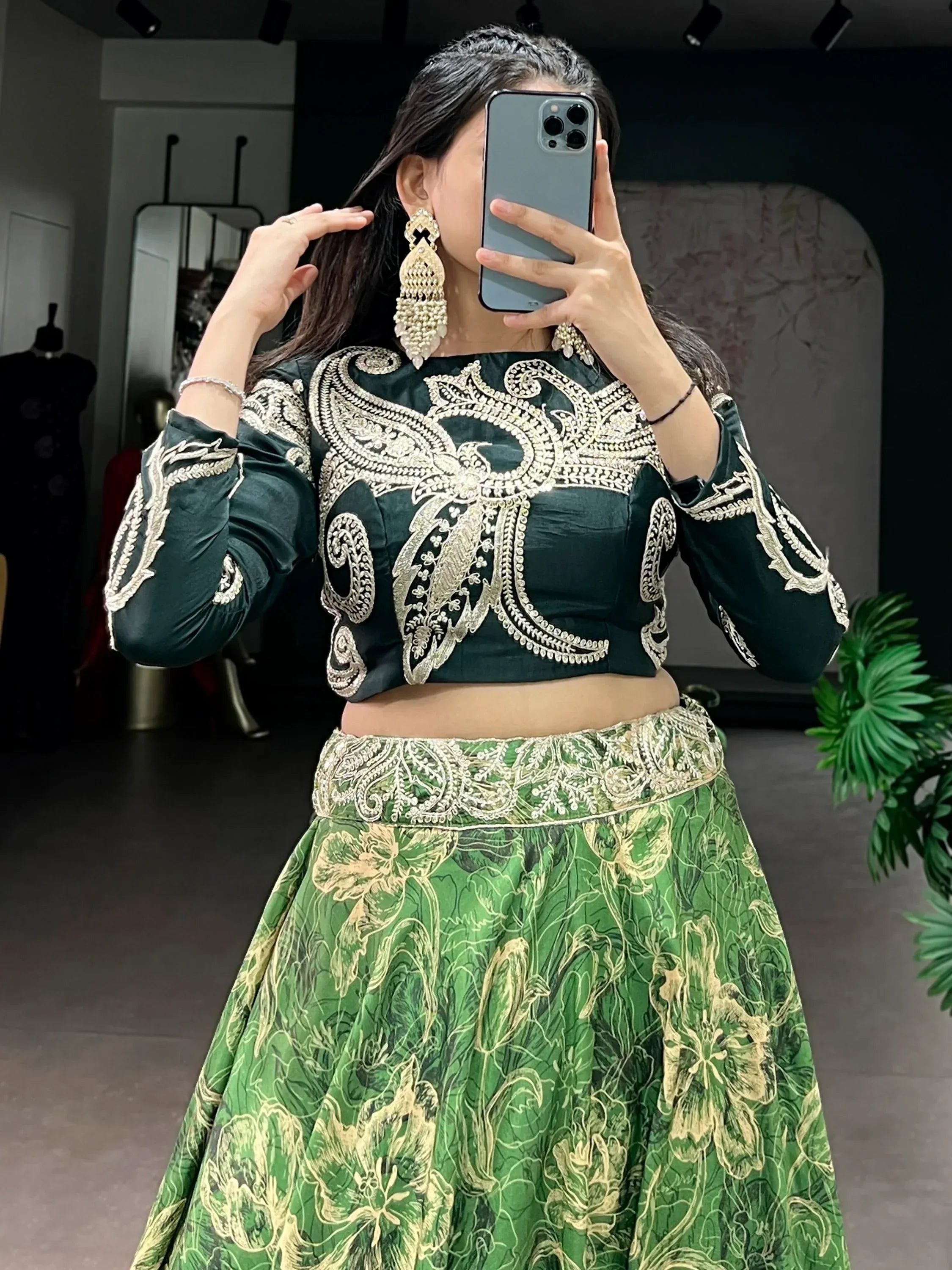 Splendid Green Sequins Silk Mehendi Wear Crop Top Lehenga