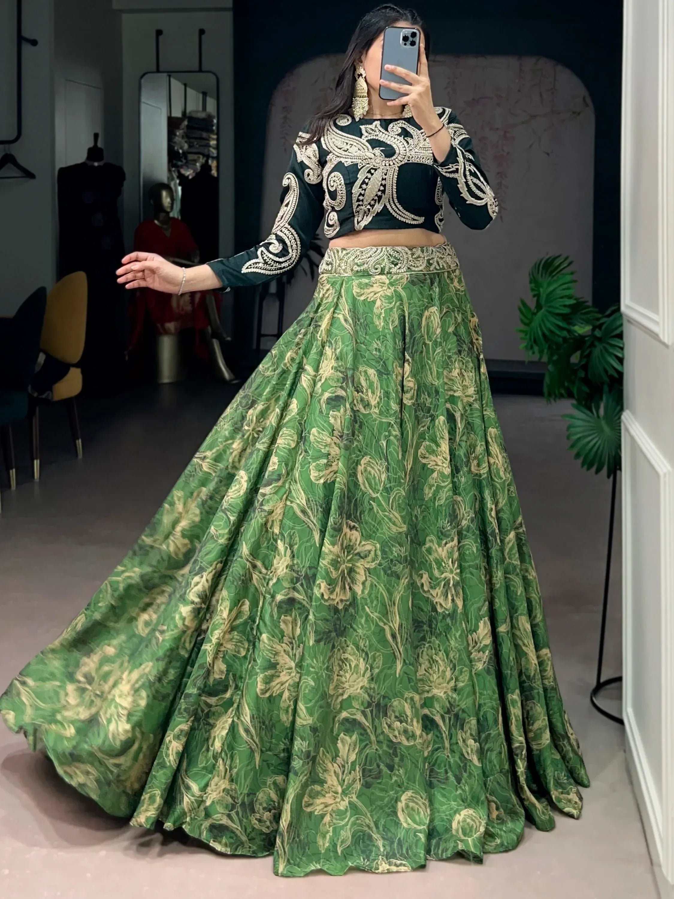 Splendid Green Sequins Silk Mehendi Wear Crop Top Lehenga