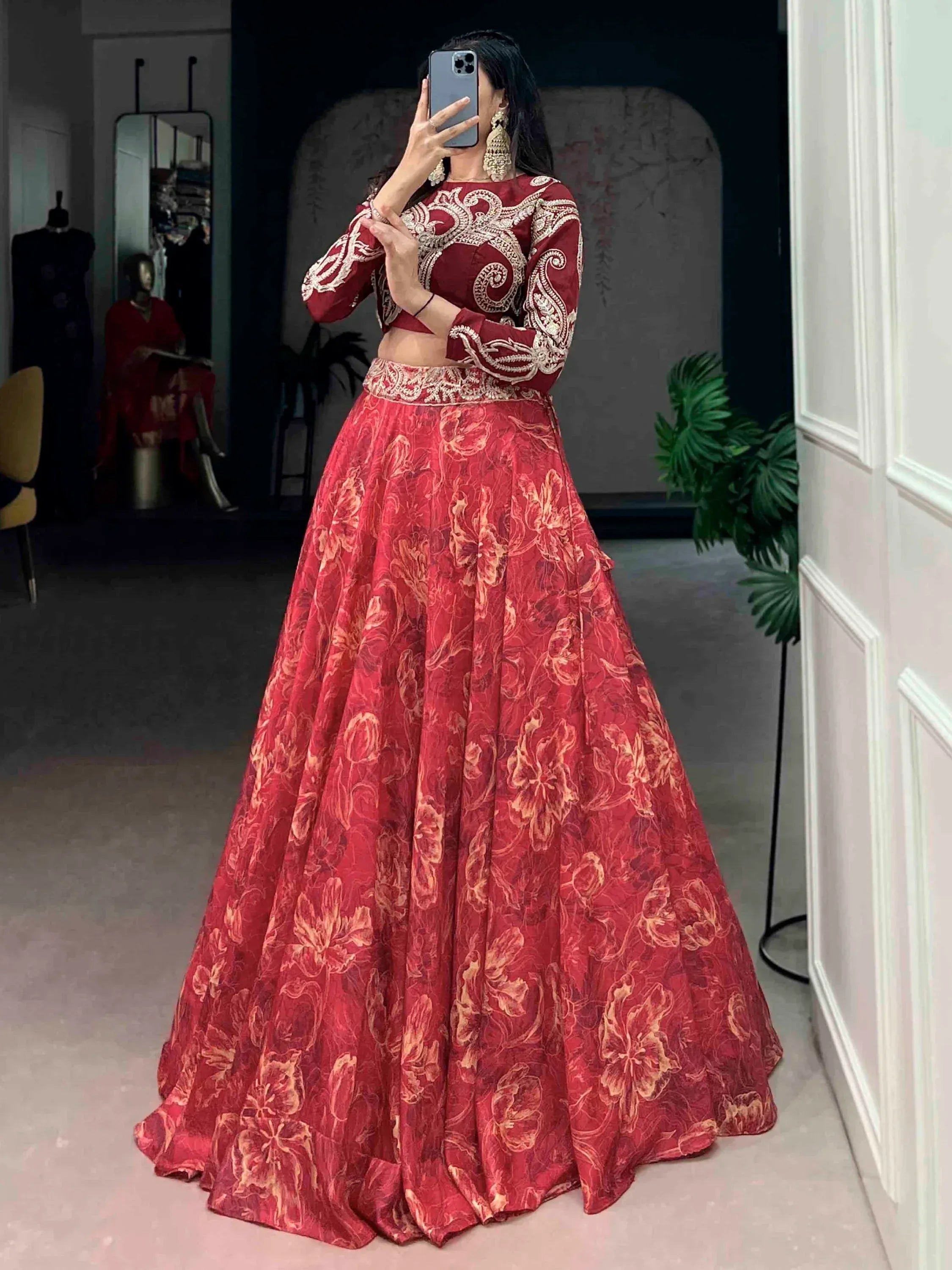 Stunning Red Digital Printed Silk Wedding Wear Crop Top Lehenga