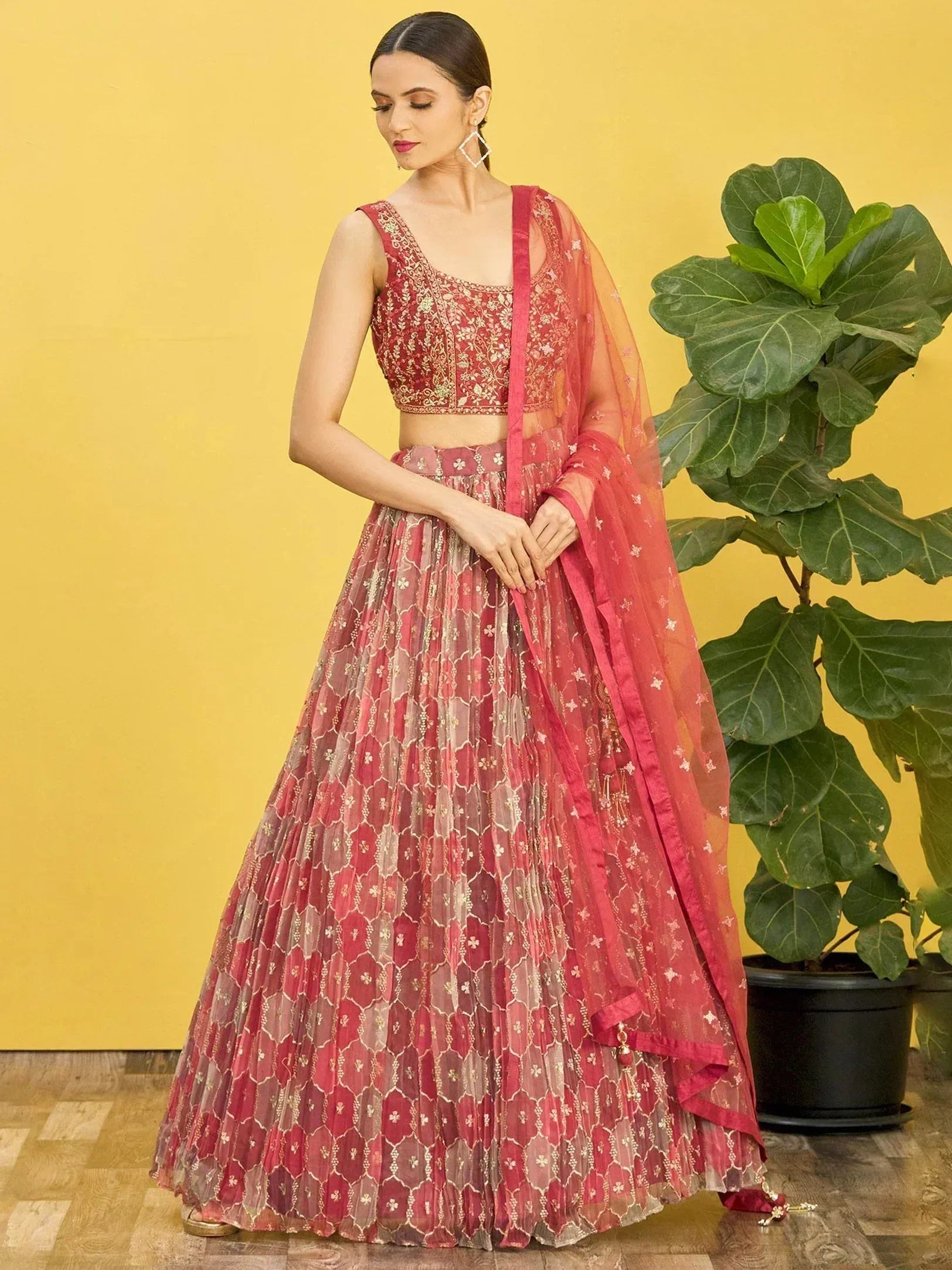 Elegance Dusty Pink Mirror Work Organza Festival Wear Lehenga Choli