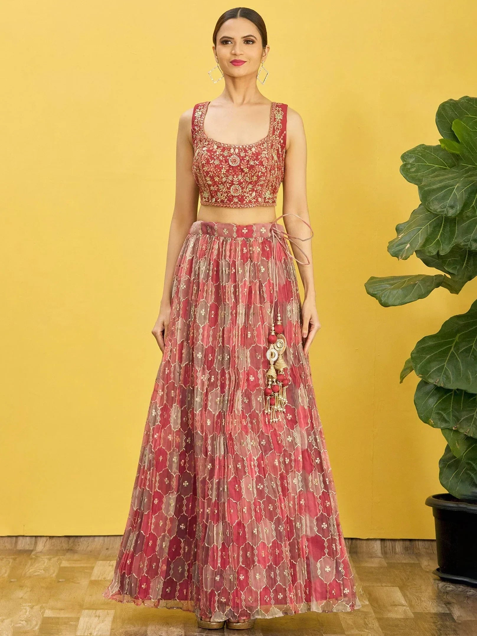 Elegance Brown Mirror Work Organza Festival Wear Lehenga Choli