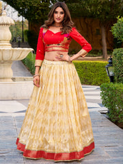 Majestic Cream Zari Weaving Silk Festival Wear Lehenga Choli With Koti