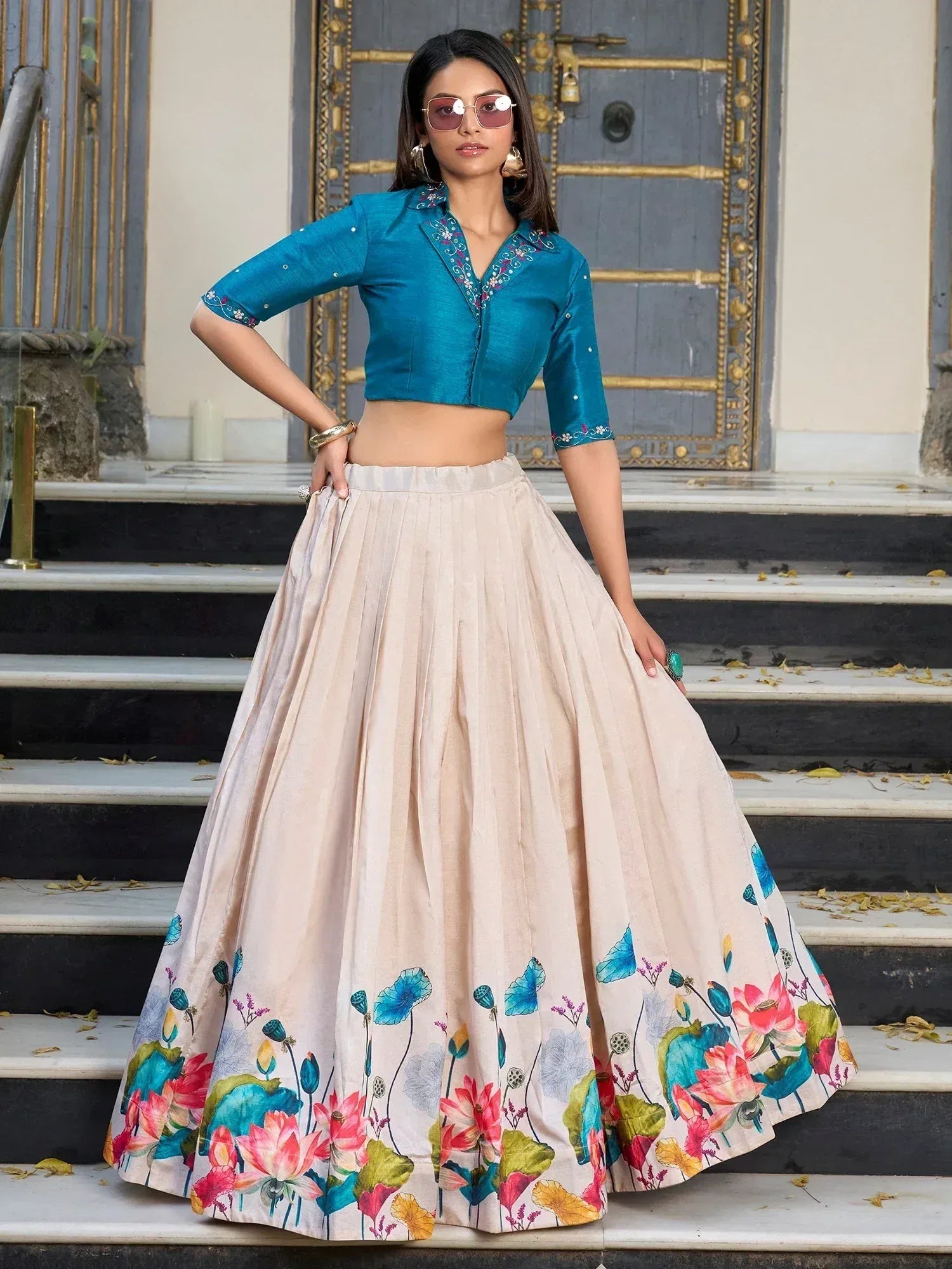 Incredible Cream Floral Printed Silk Festival Wear Crop Top Lehenga