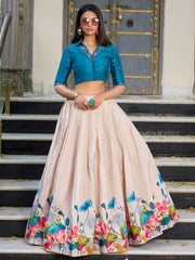 Incredible Cream Floral Printed Silk Festival Wear Crop Top Lehenga