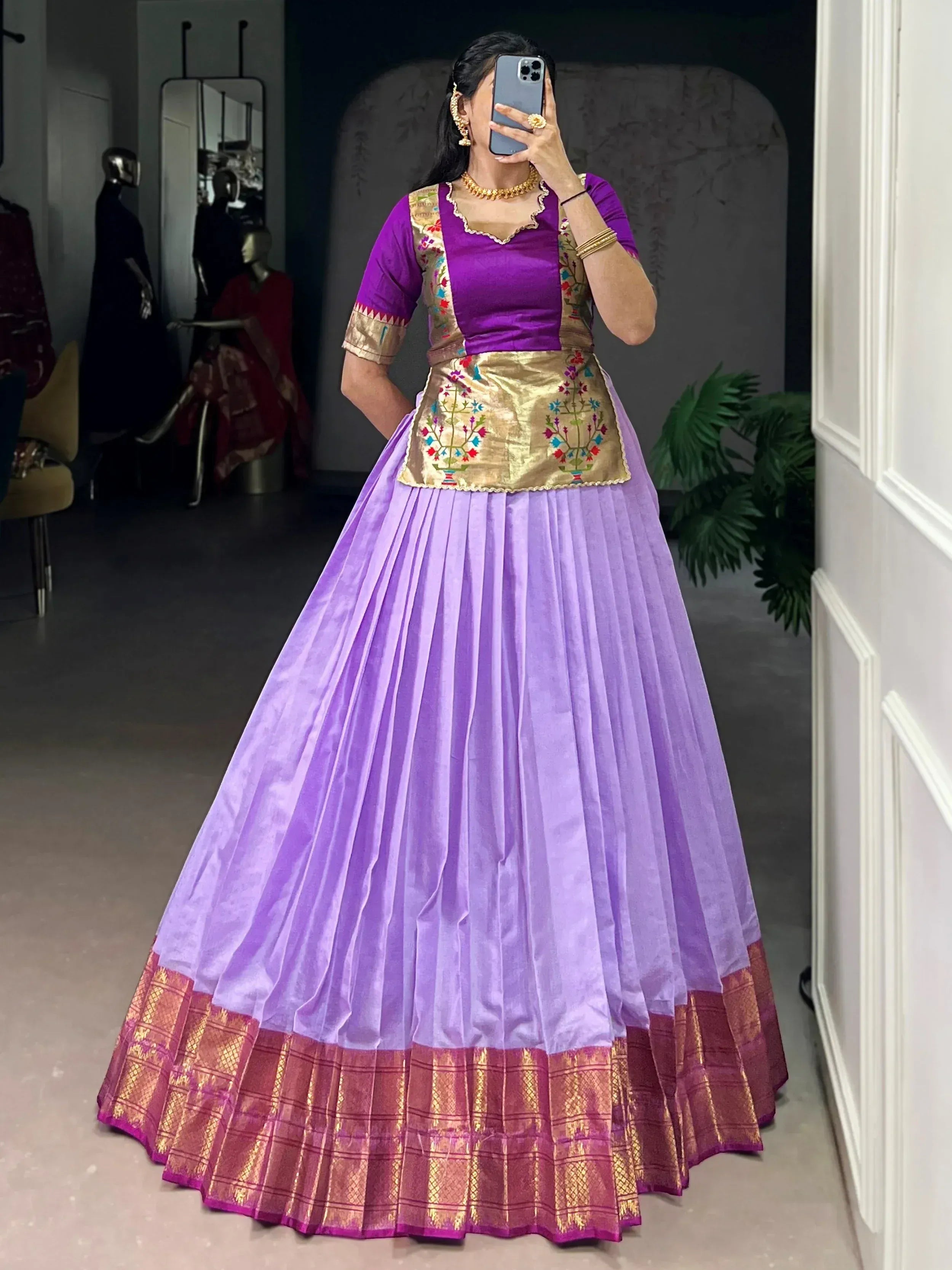 Enchanting Lavender Zari Weaving Silk Festive Wear Crop Top Lehenga
