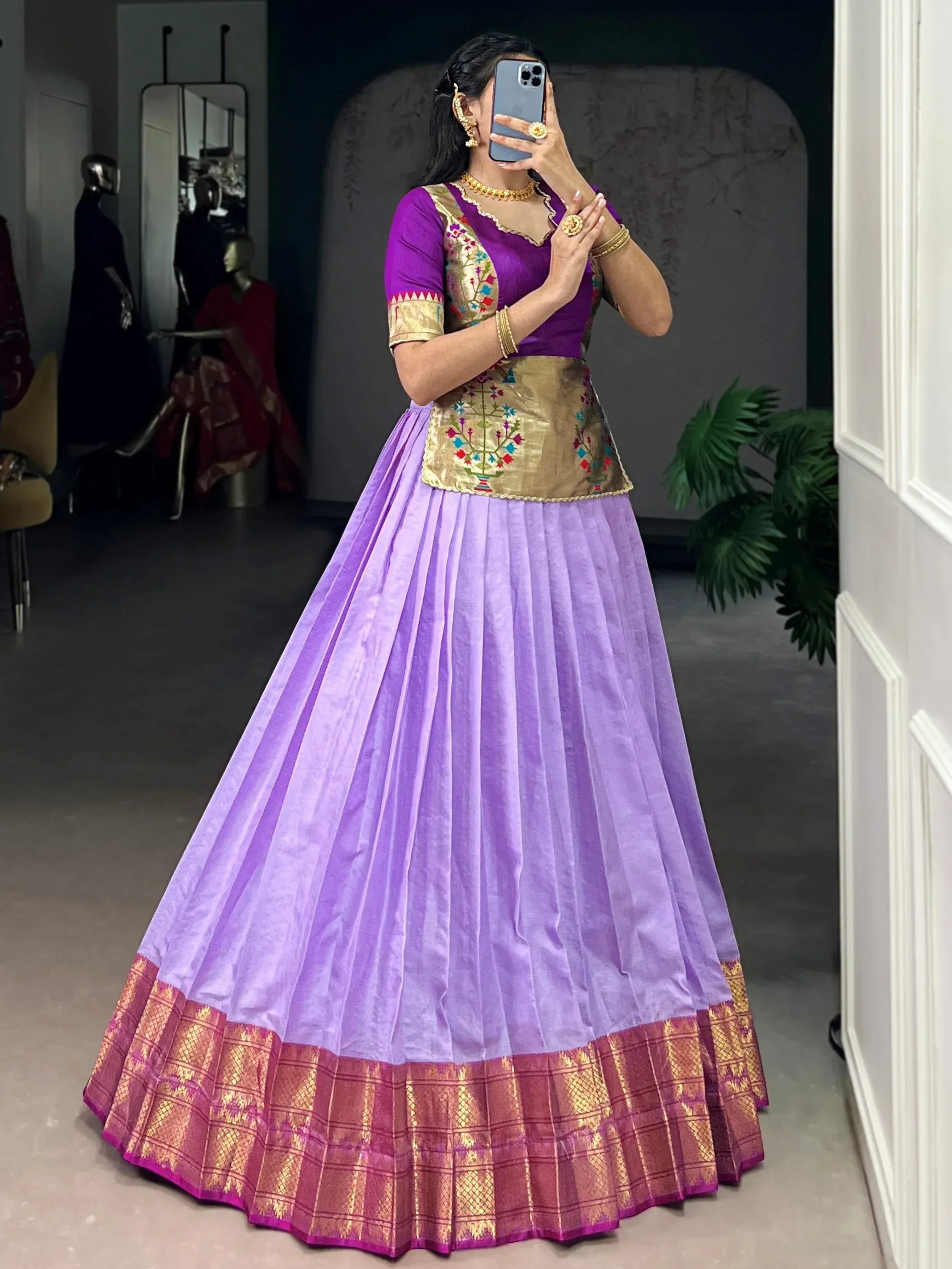 Enchanting Lavender Zari Weaving Silk Festive Wear Crop Top Lehenga