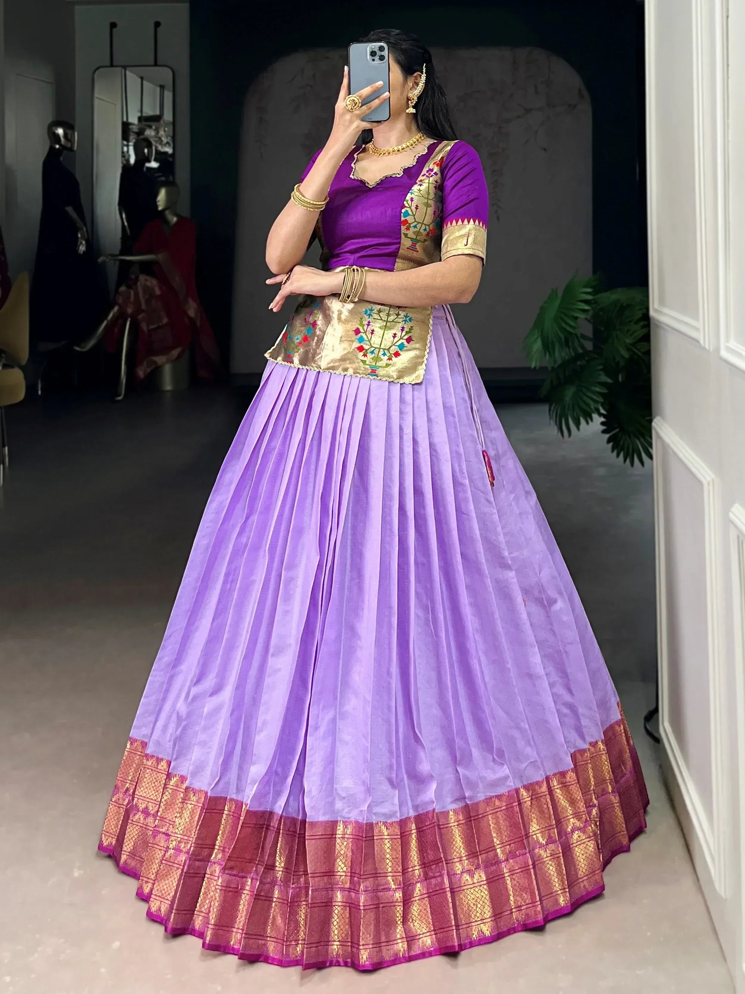 Enchanting Lavender Zari Weaving Silk Festive Wear Crop Top Lehenga