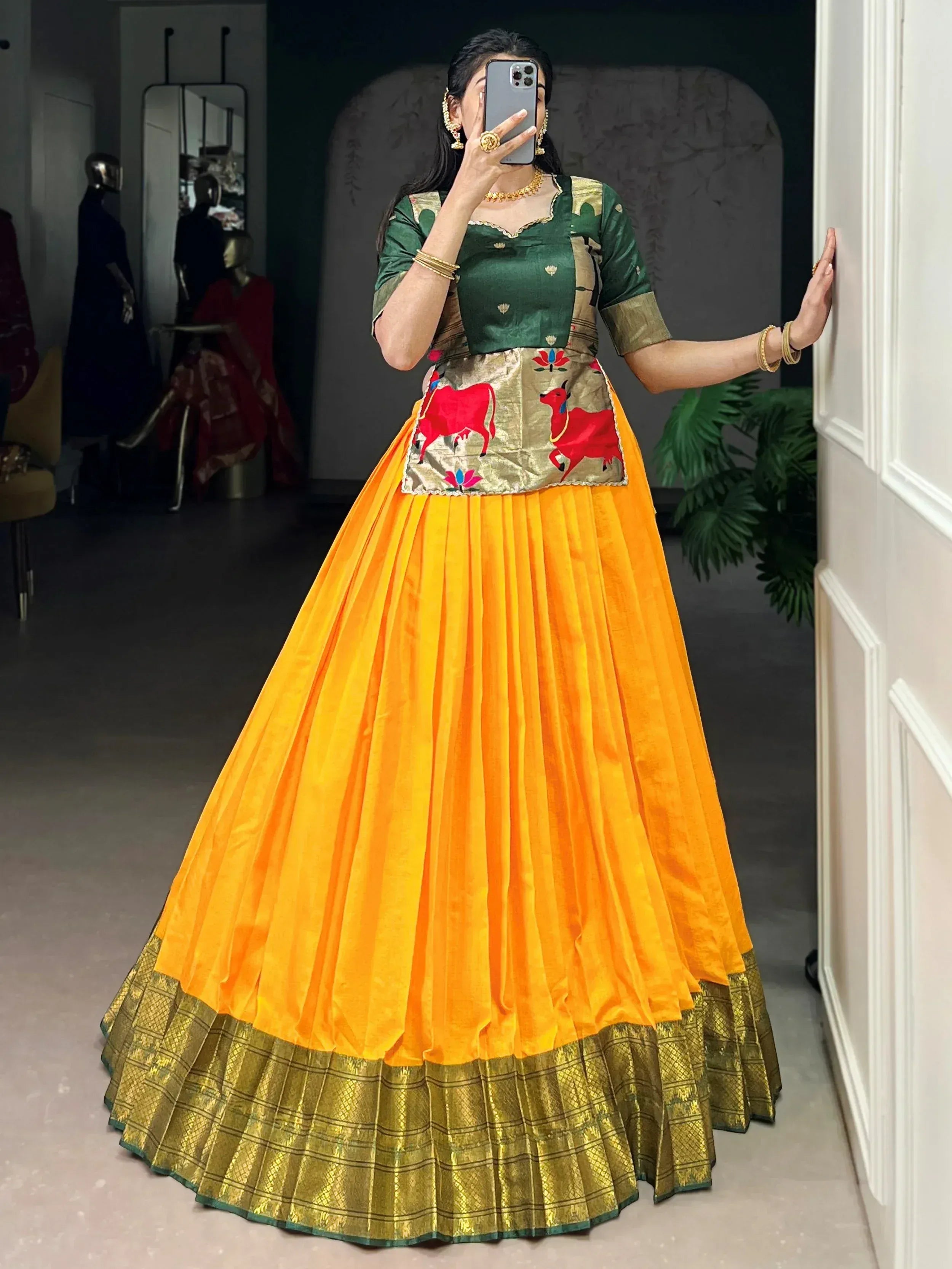 Precious Yellow Zari Weaving Silk Function Wear Crop Top Lehenga