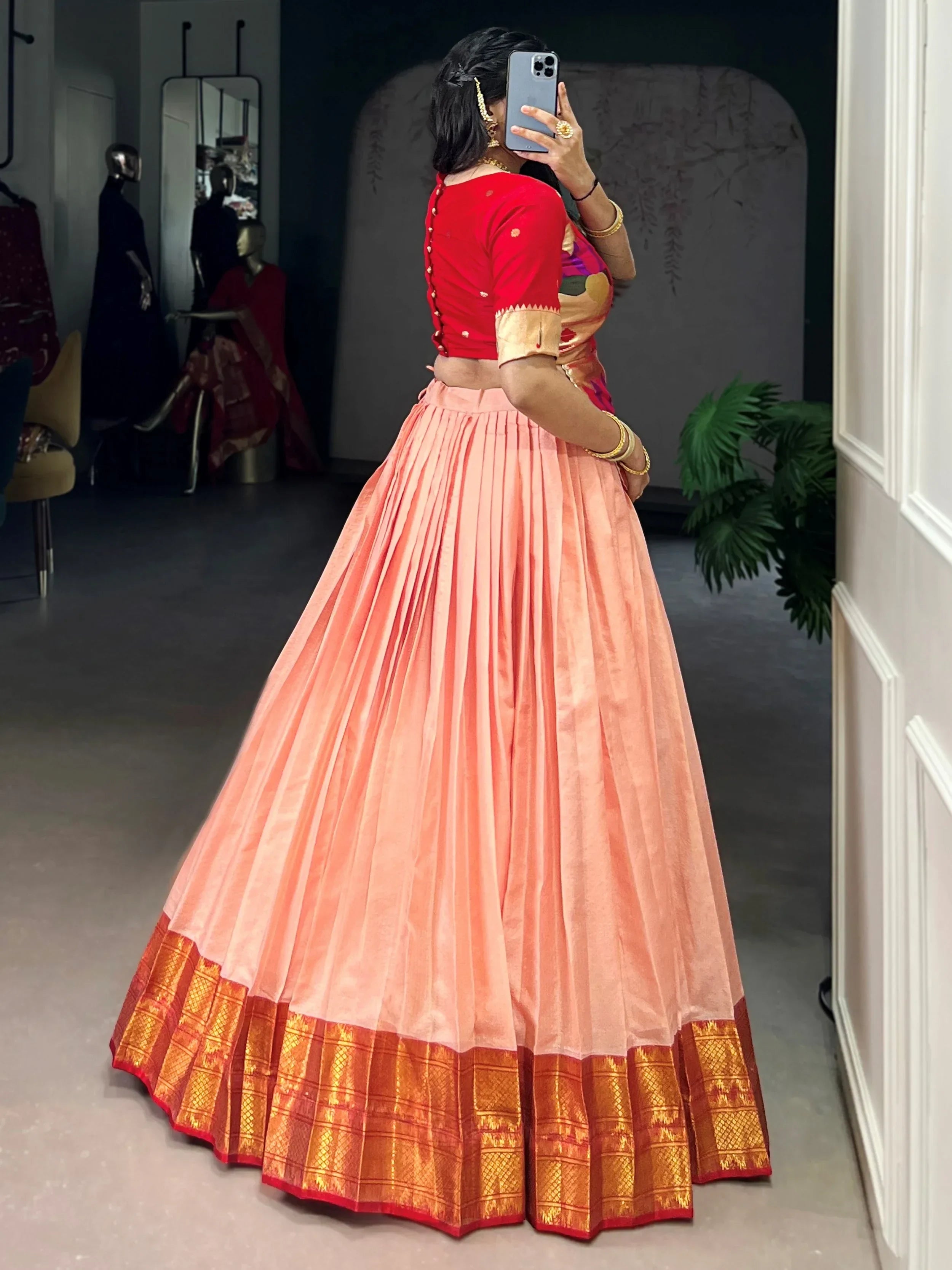Classic Peach Zari Weaving Silk Festive Wear Crop Top Lehenga